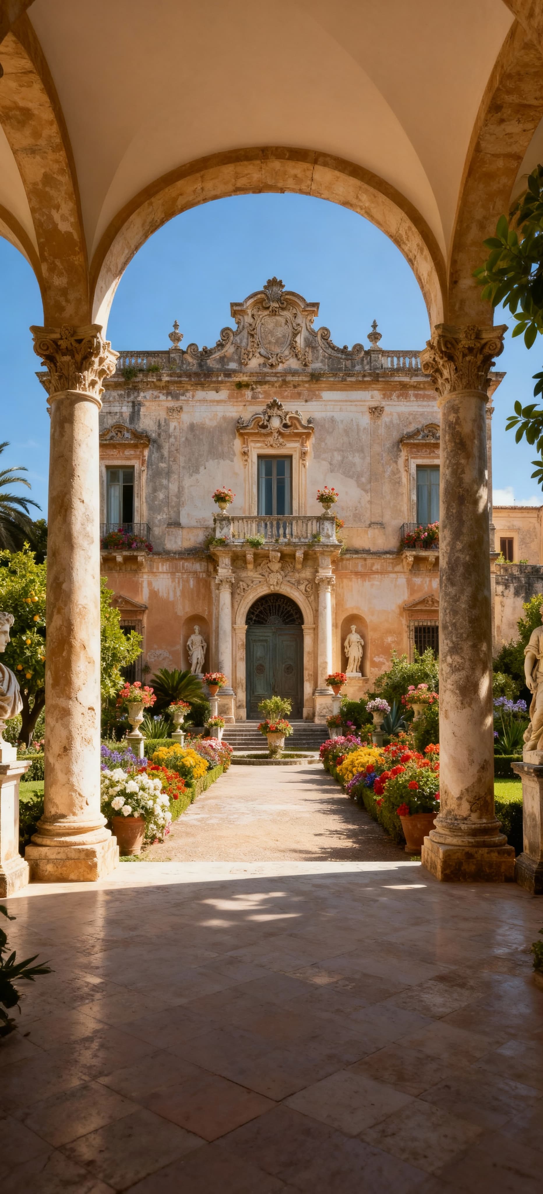 Antico palazzo barocco in Sicilia, circondato da un giardino fiorito e statue, sotto un cielo sereno e blu.