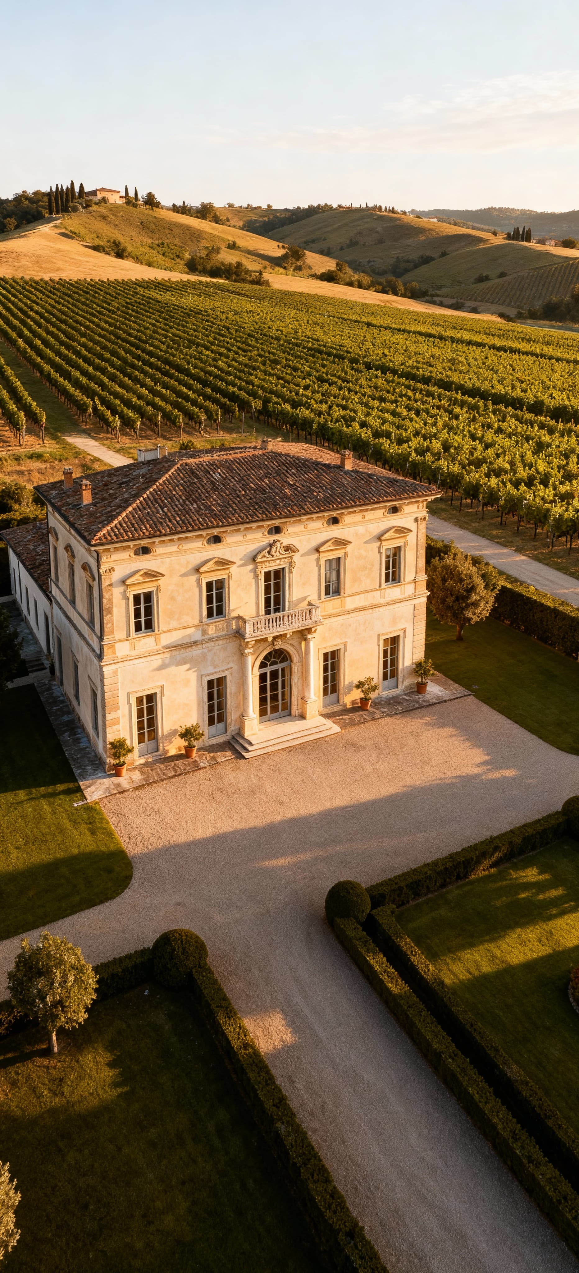 Villa elegante in Toscana con dettagli rinascimentali, circondata da un parco e vista su colline e vigneti. Luce mattutina calda.