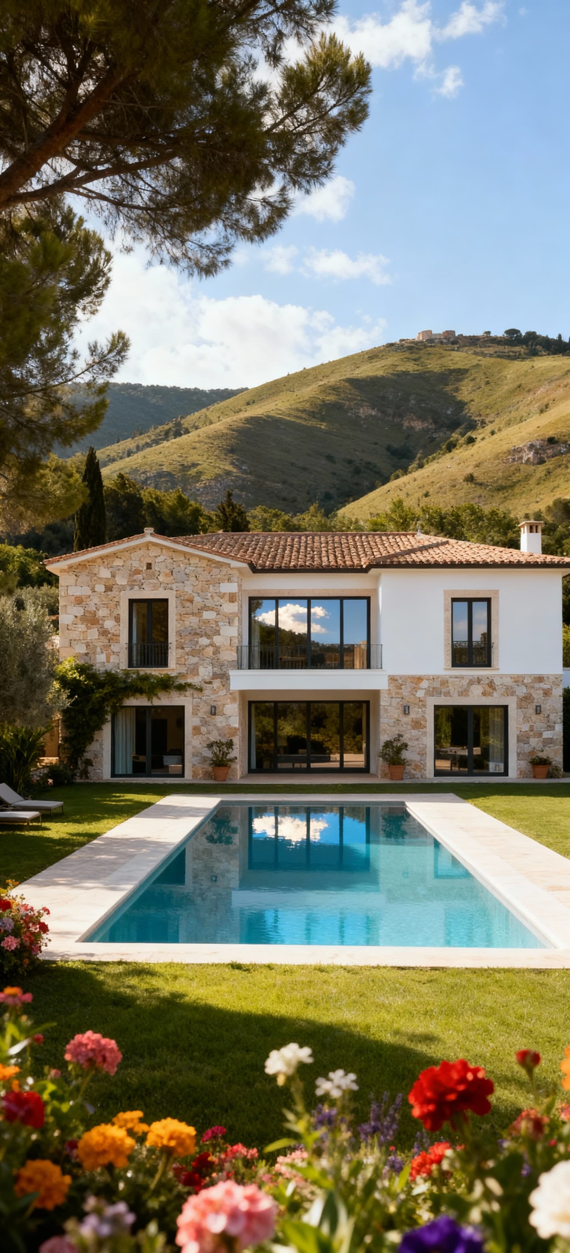 Rustico elegante in vendita in Valle d'Aosta, vista sui colli, giardino fiorito e piscina che riflette il cielo.