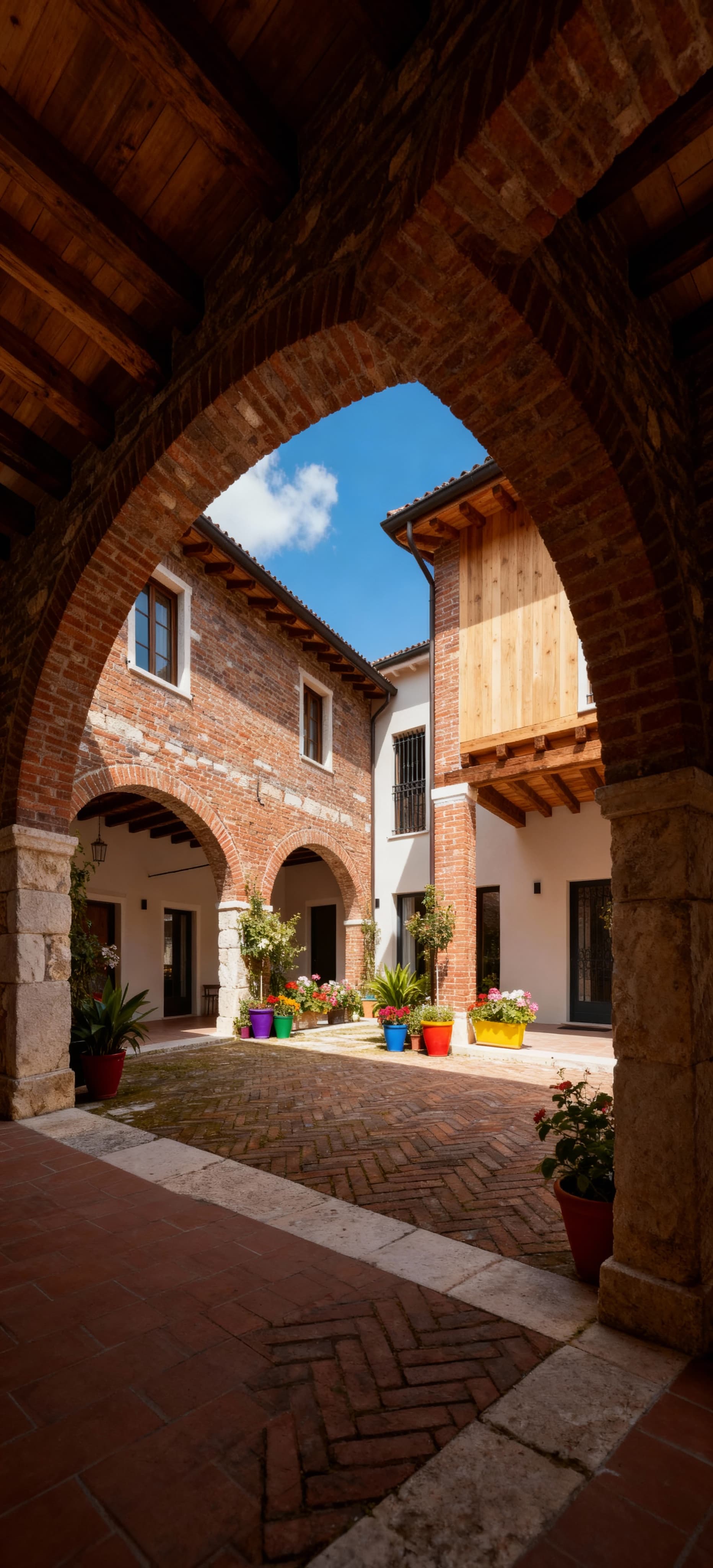 Rustico ristrutturato in Calabria, con mattoni a vista e legno, circondato da un patio fiorito e cielo sereno.