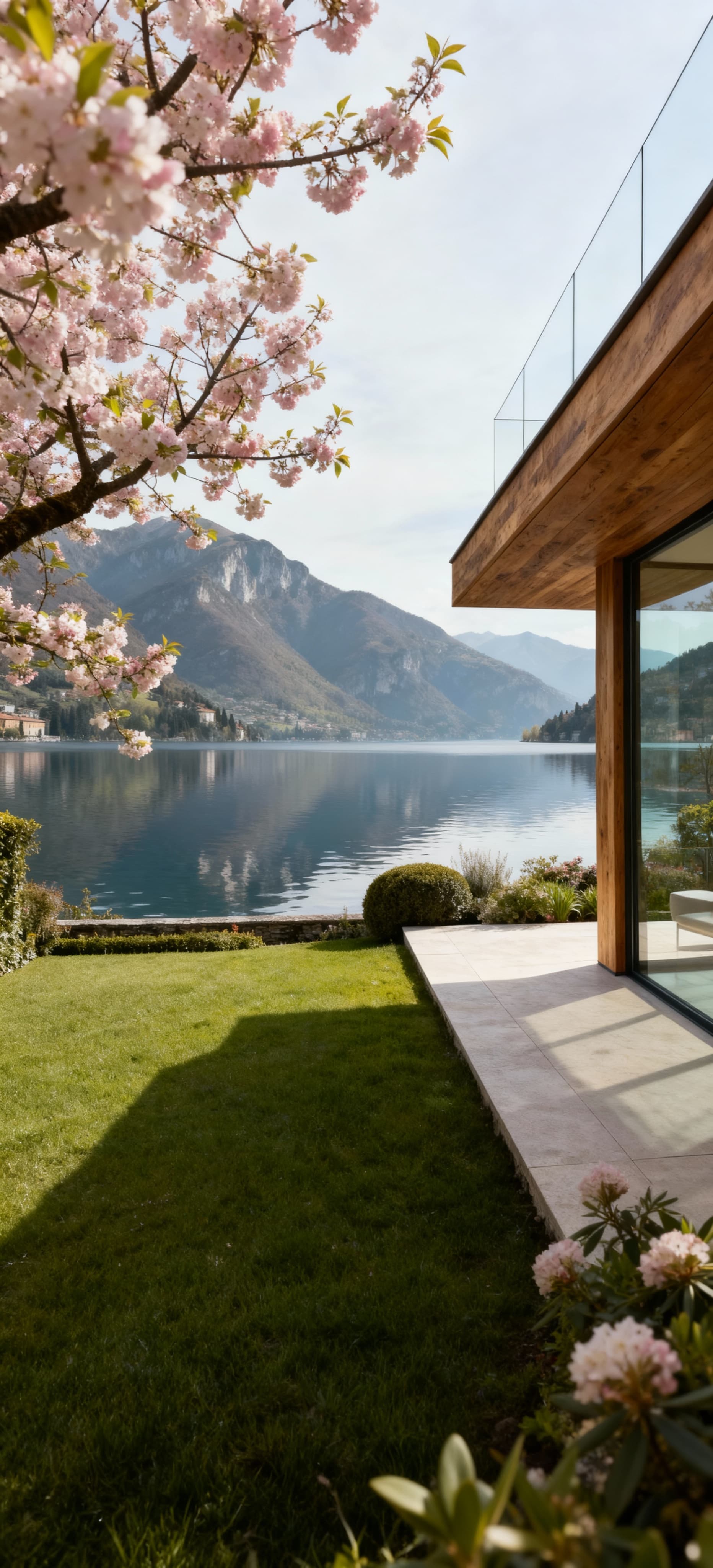 Villa di lusso in Liguria, circondata da giardini verdissimi, riflesso delle montagne nel lago e materiali pregiati.