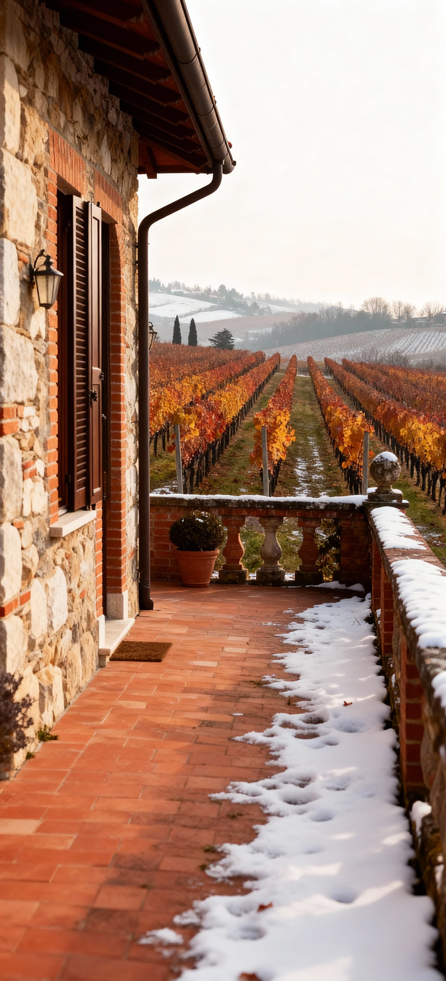 Tenuta vinicola in Piemonte, villa in pietra tra vigneti, luce invernale calda, atmosfera idilliaca.