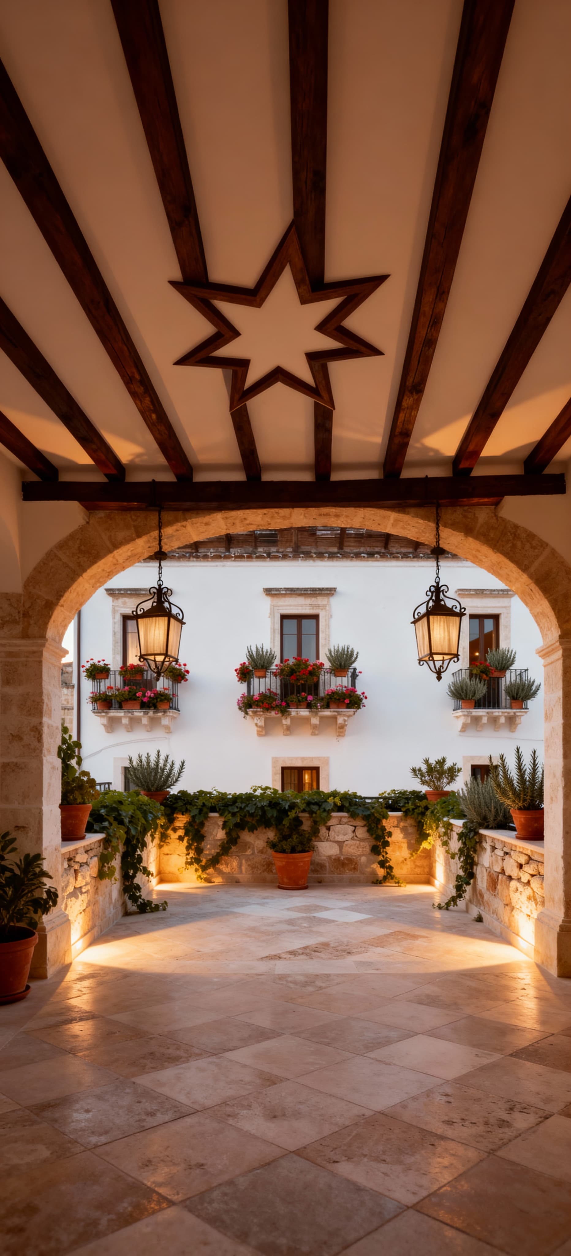 Dimora storica in Puglia con architettura in pietra bianca, balconi fioriti e cortile interno, illuminata dal tardo pomeriggio.