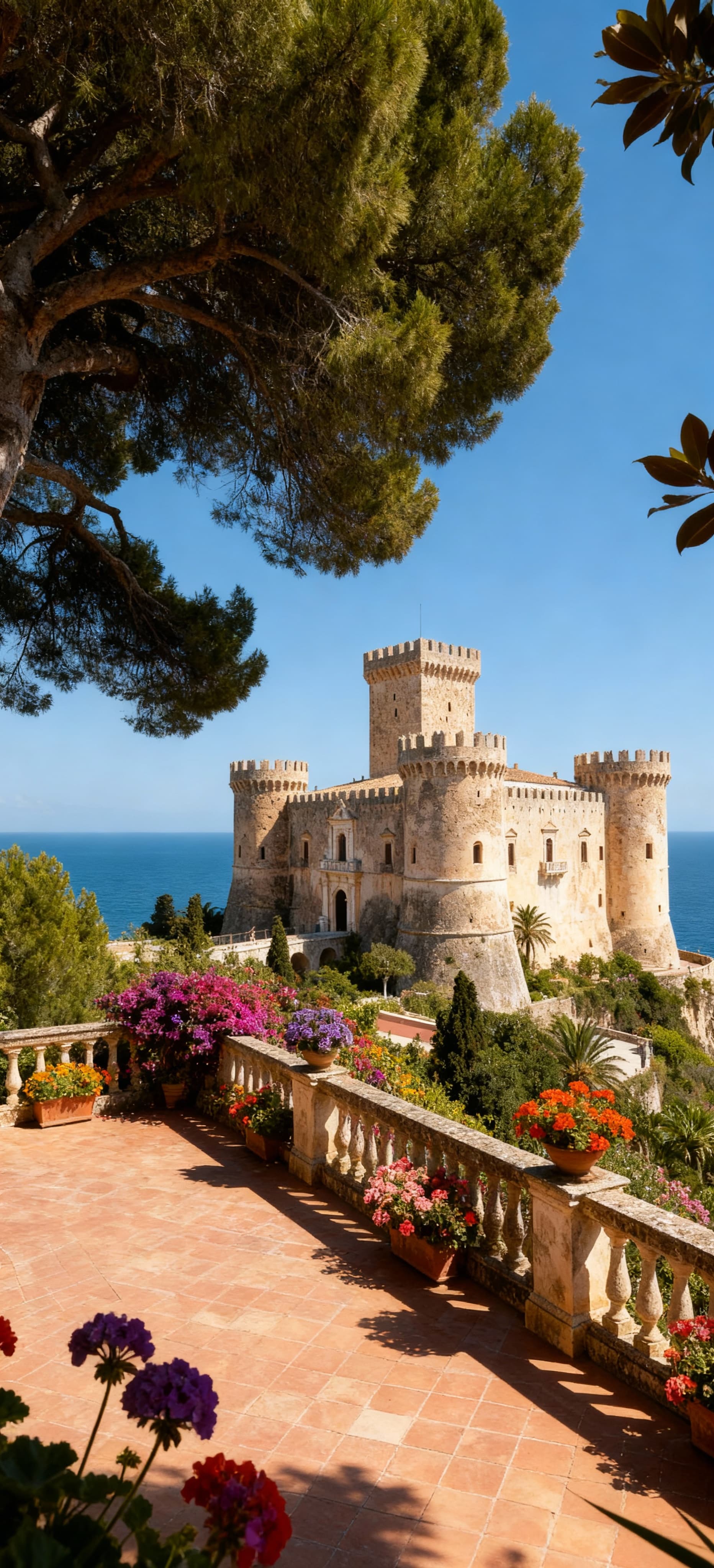 Castello di lusso in Sicilia con torri e merlature, circondato da vegetazione lussureggiante e vista mare.