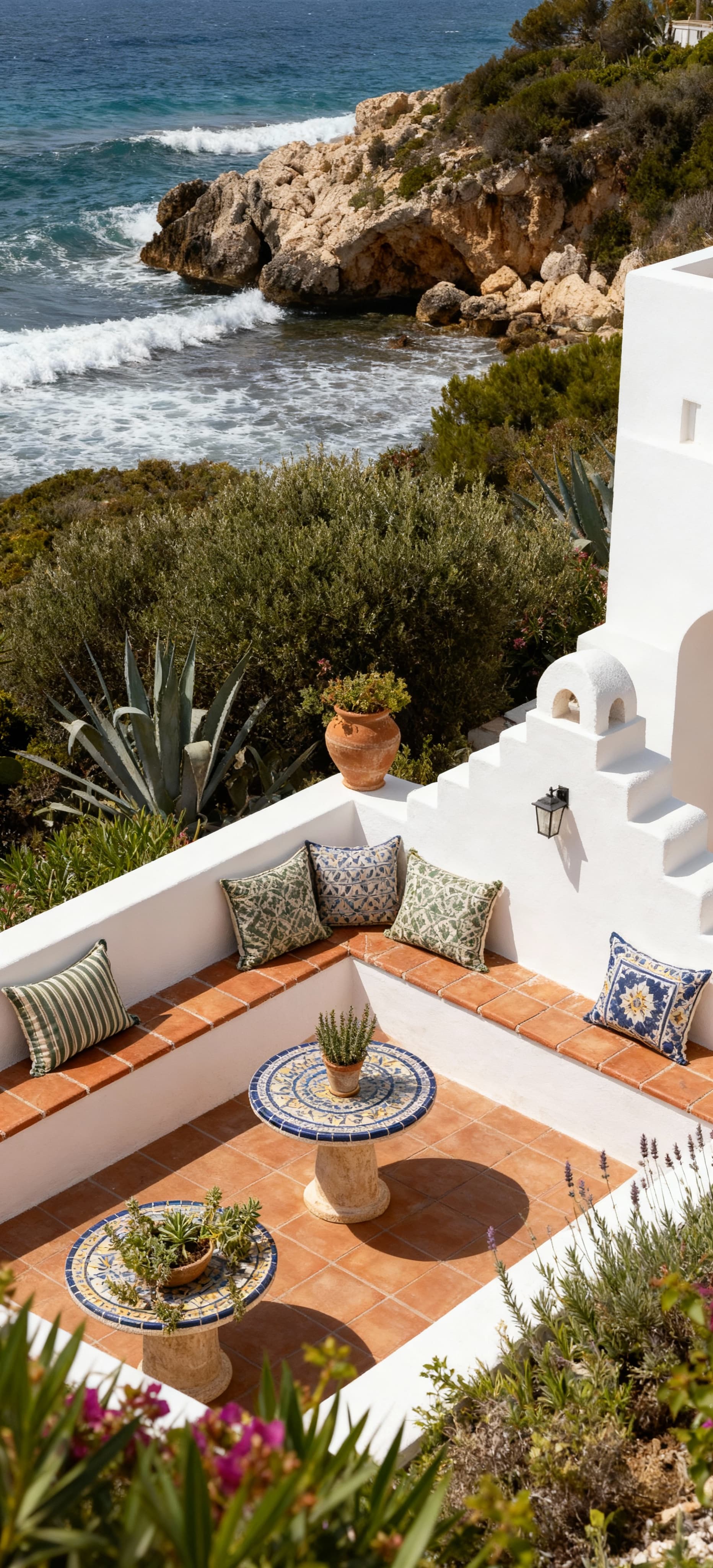 Villa di lusso in Sardegna, affacciata sul mare, con facciata bianca e dettagli in cotto immersa nella macchia mediterranea.