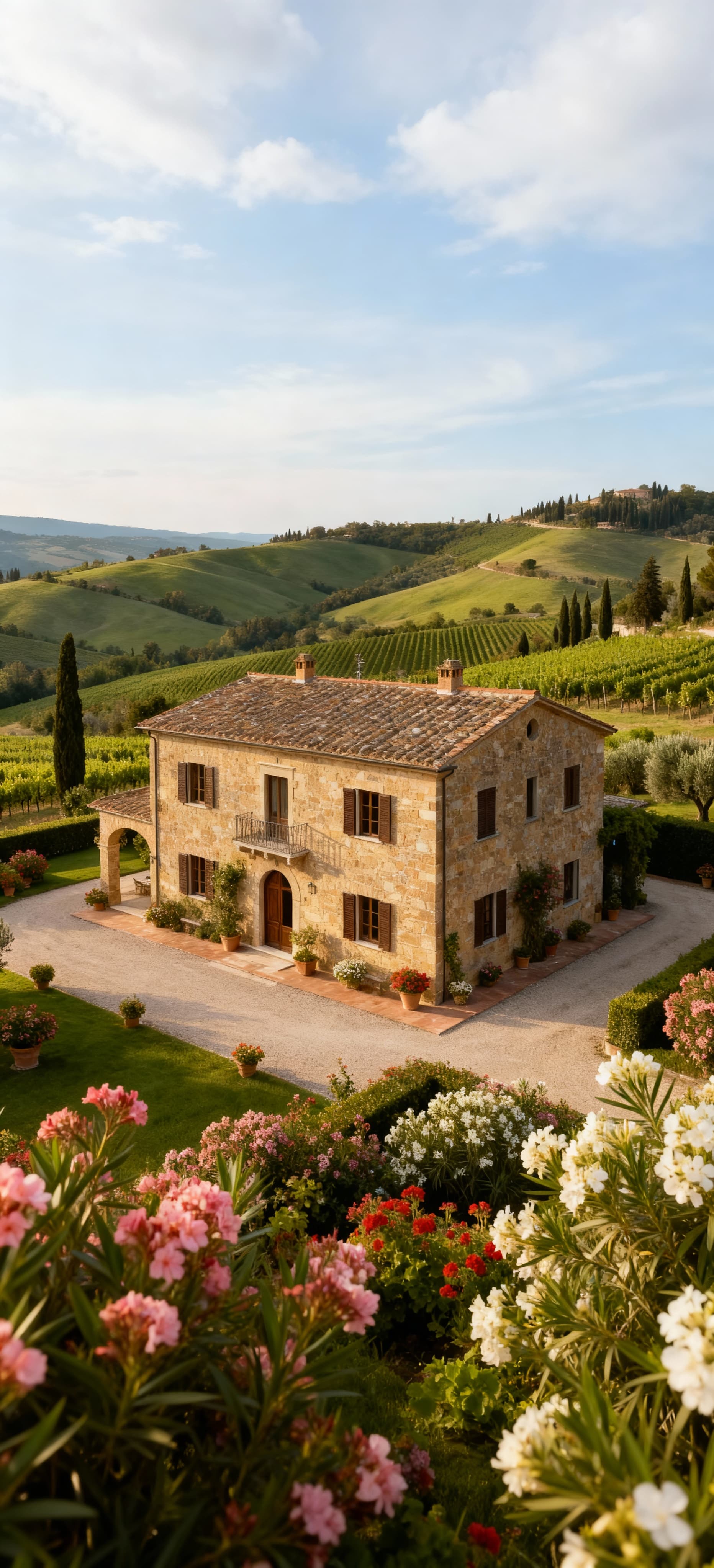 Villa elegante in pietra circondata da un giardino fiorito, con vista su vigneti e oliveti in un pittoresco paesaggio toscano.