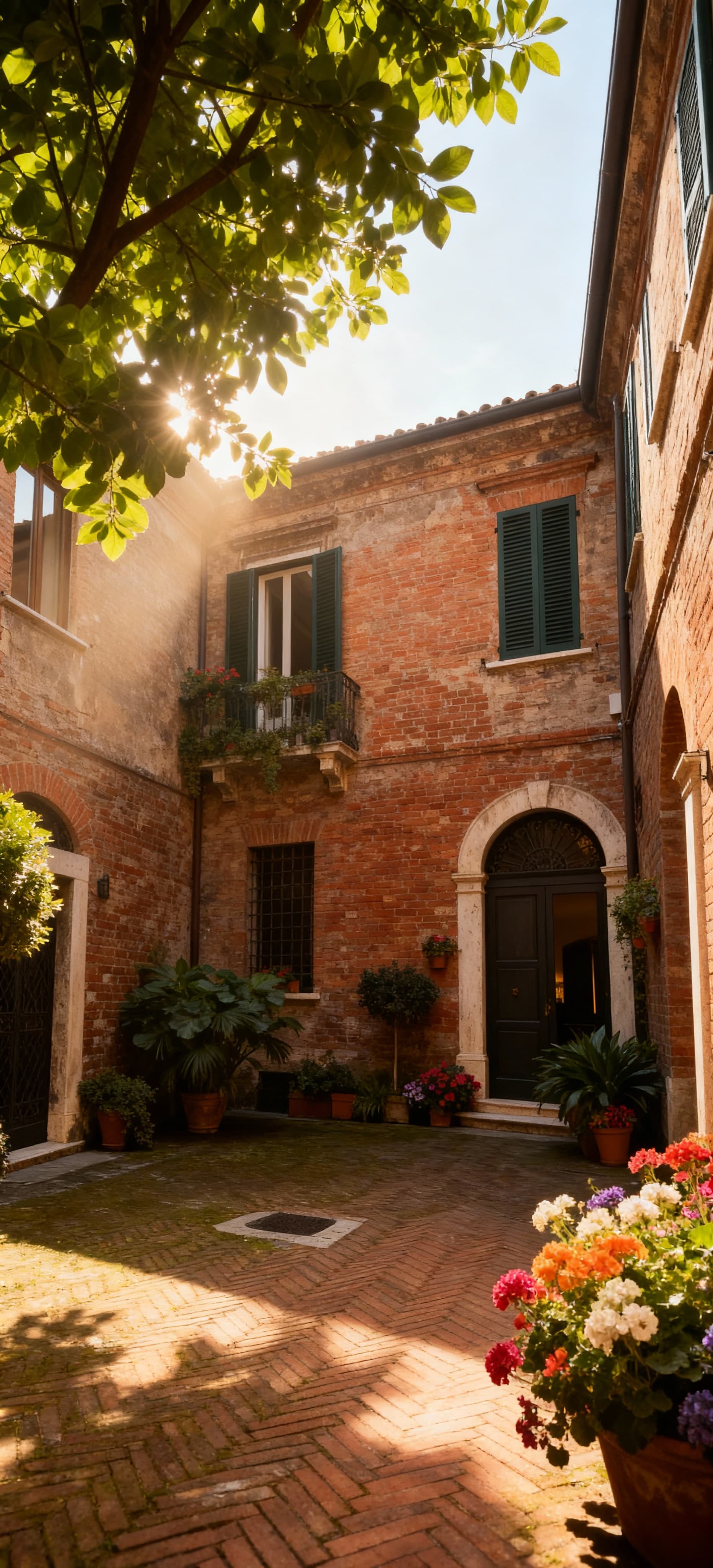 Pareti in mattoni a vista in storica dimora, cortile fiorito e luminoso rifugio nel cuore della Toscana.