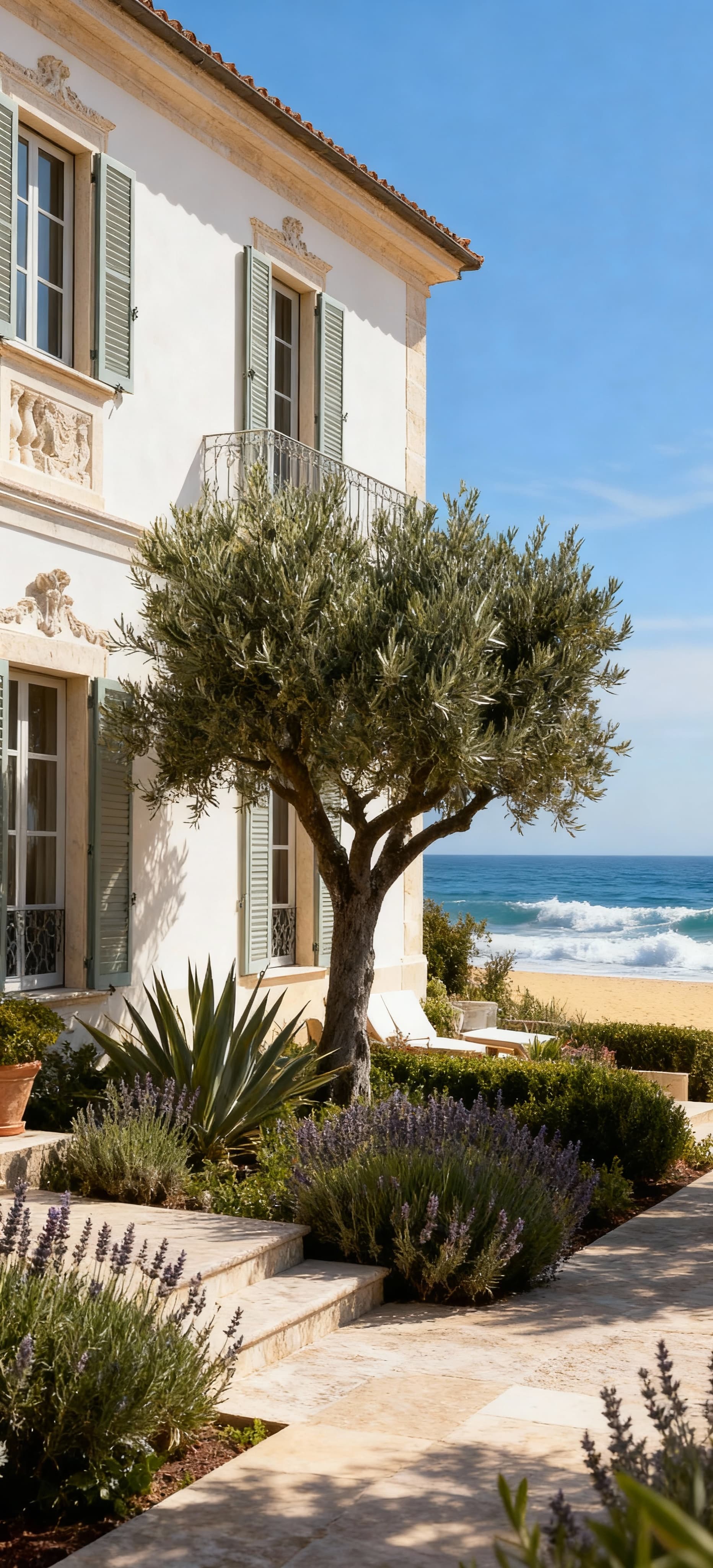 Villa di lusso in Toscana con vista mare, giardini curati, spiaggia dorata e cielo azzurro, atmosfera rilassante.