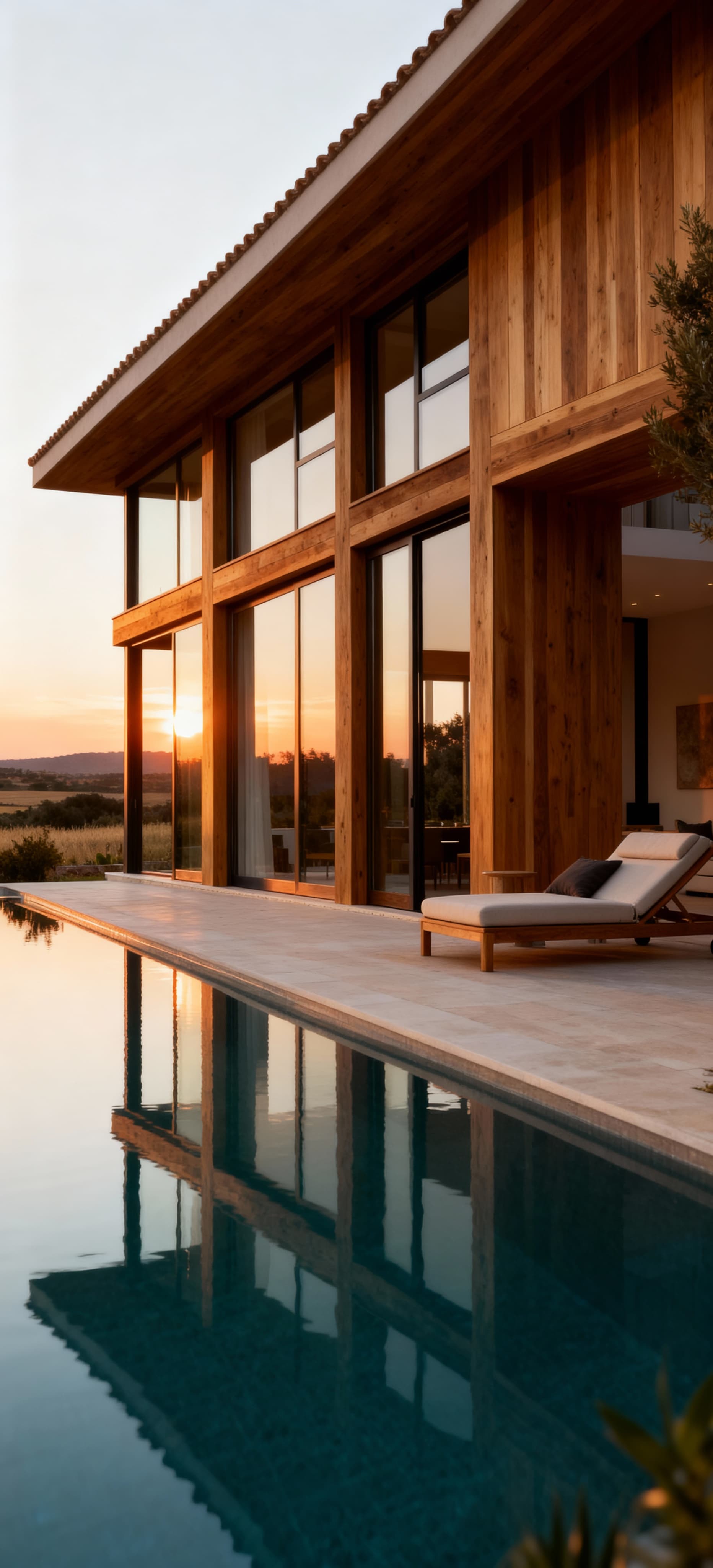 Villa moderna in Sardegna con ampie vetrate e piscina a sfioro, circondata dalla campagna al tramonto. Luxurious real estate.