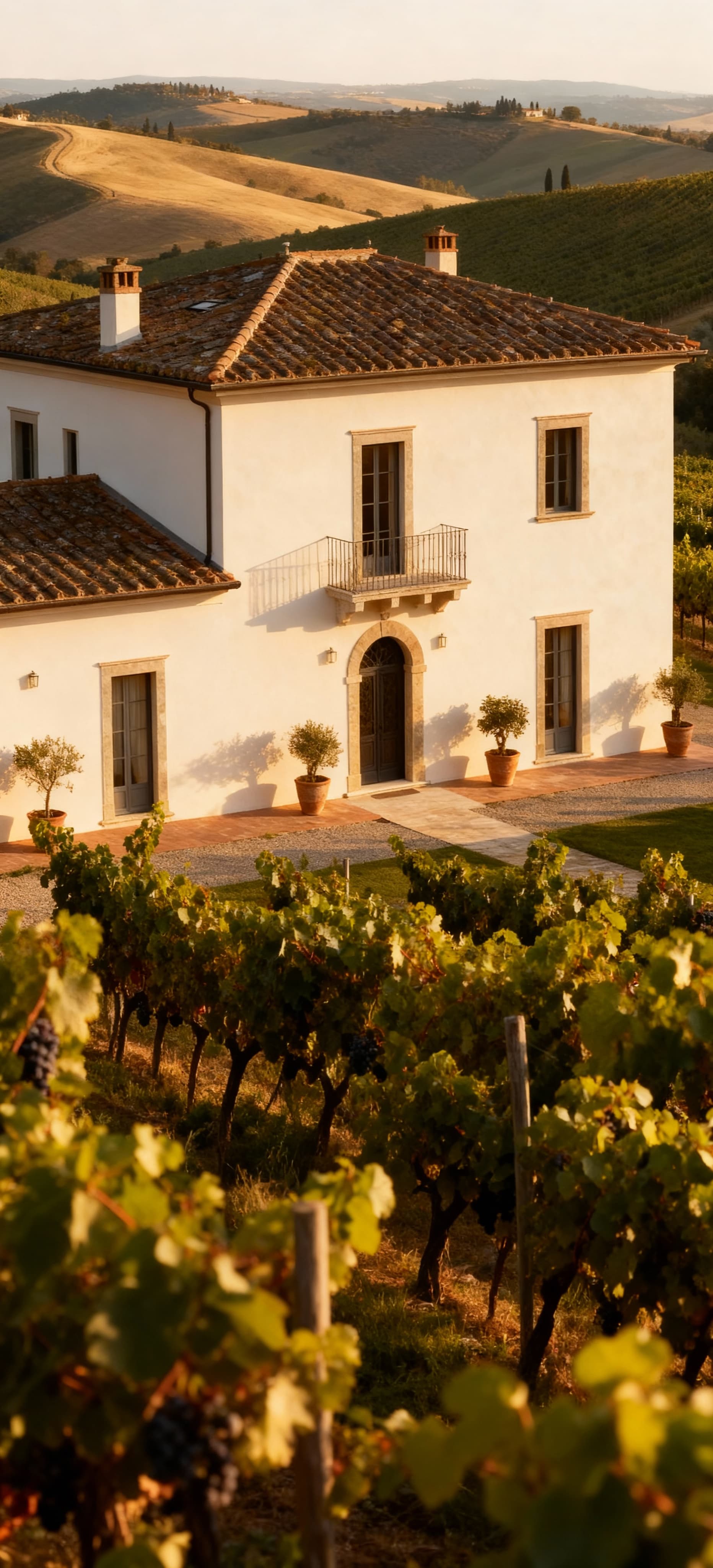Villa toscana in vendita, circondata da vigneti e colline, con luce mattutina che esalta i dettagli architettonici.