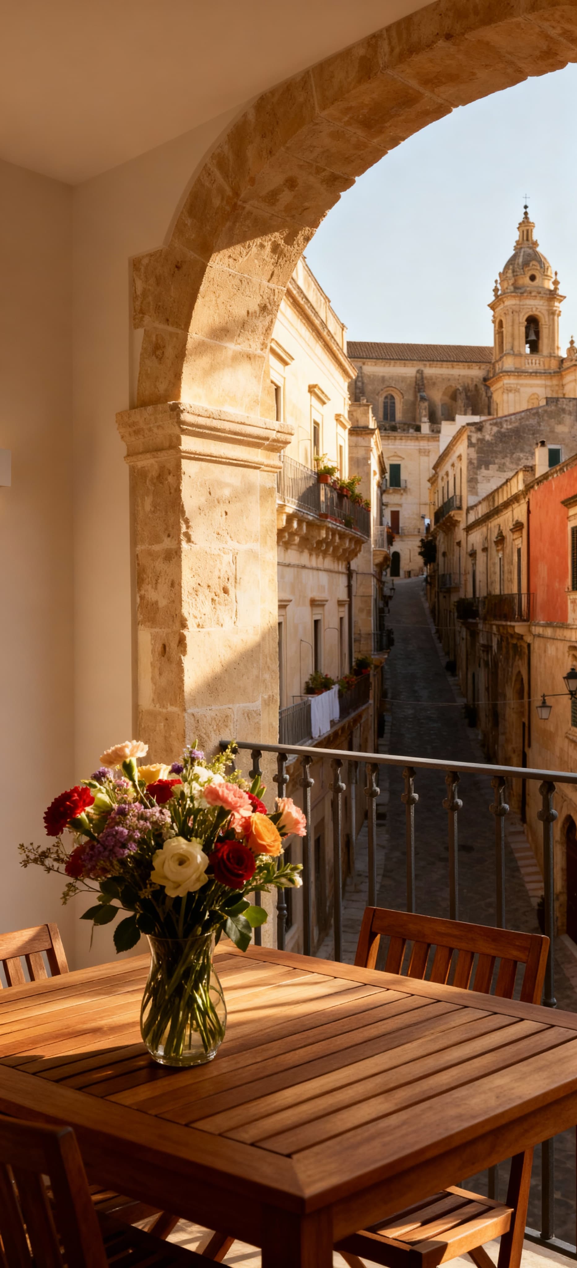 Dettaglio di un appartamento a Ragusa con terrazza, vista su vicoli barocchi, materiali in pietra e legno, luce pomeridiana.