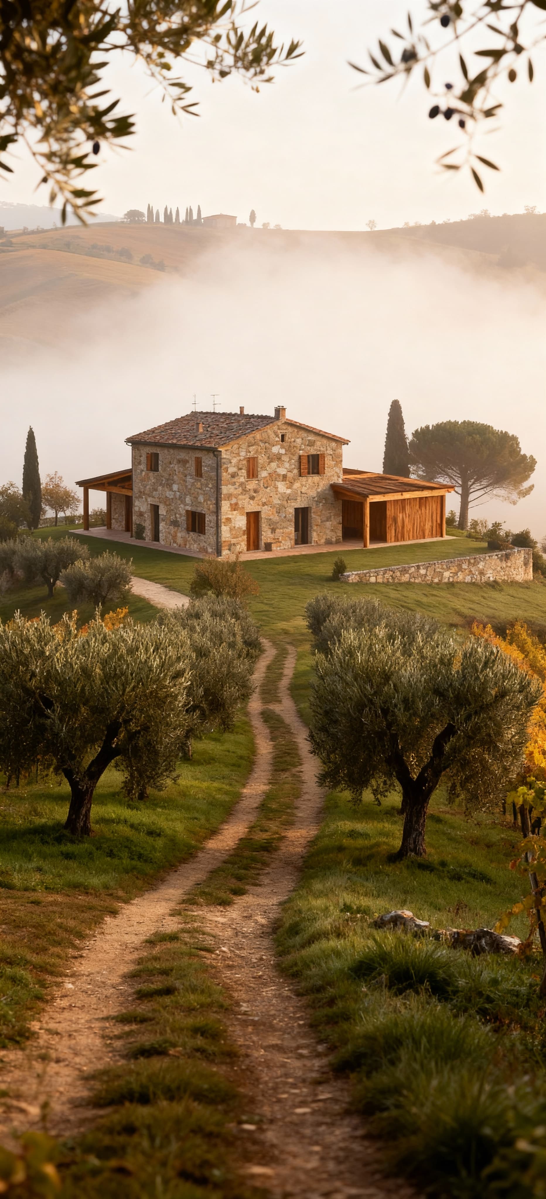 Agriturismo in vendita in Umbria avvolto da nebbia mattutina, con strutture in pietra e vigneti all'orizzonte.