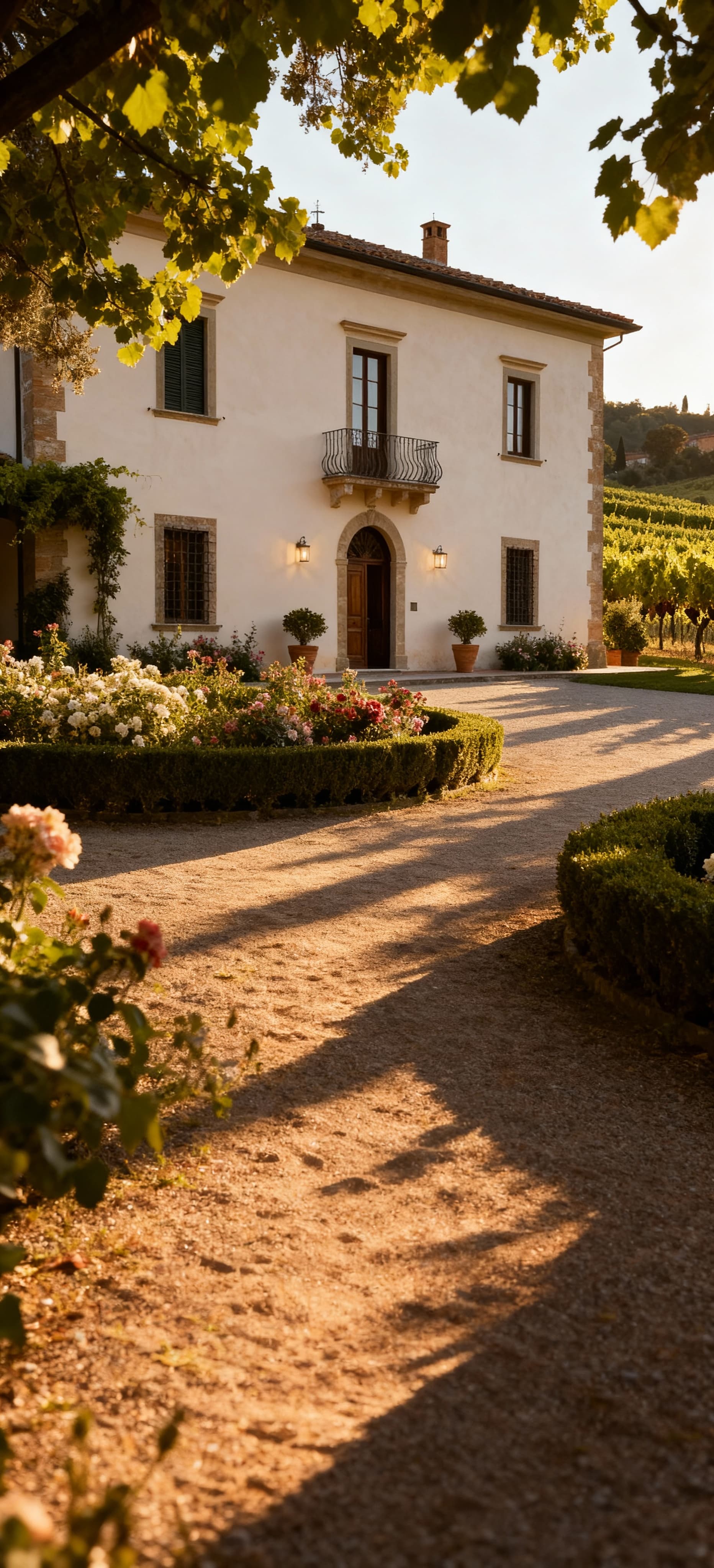 Elegante villa nel Chianti con giardino fiorito, circondata da vigneti e illuminata dalla luce del tardo pomeriggio.