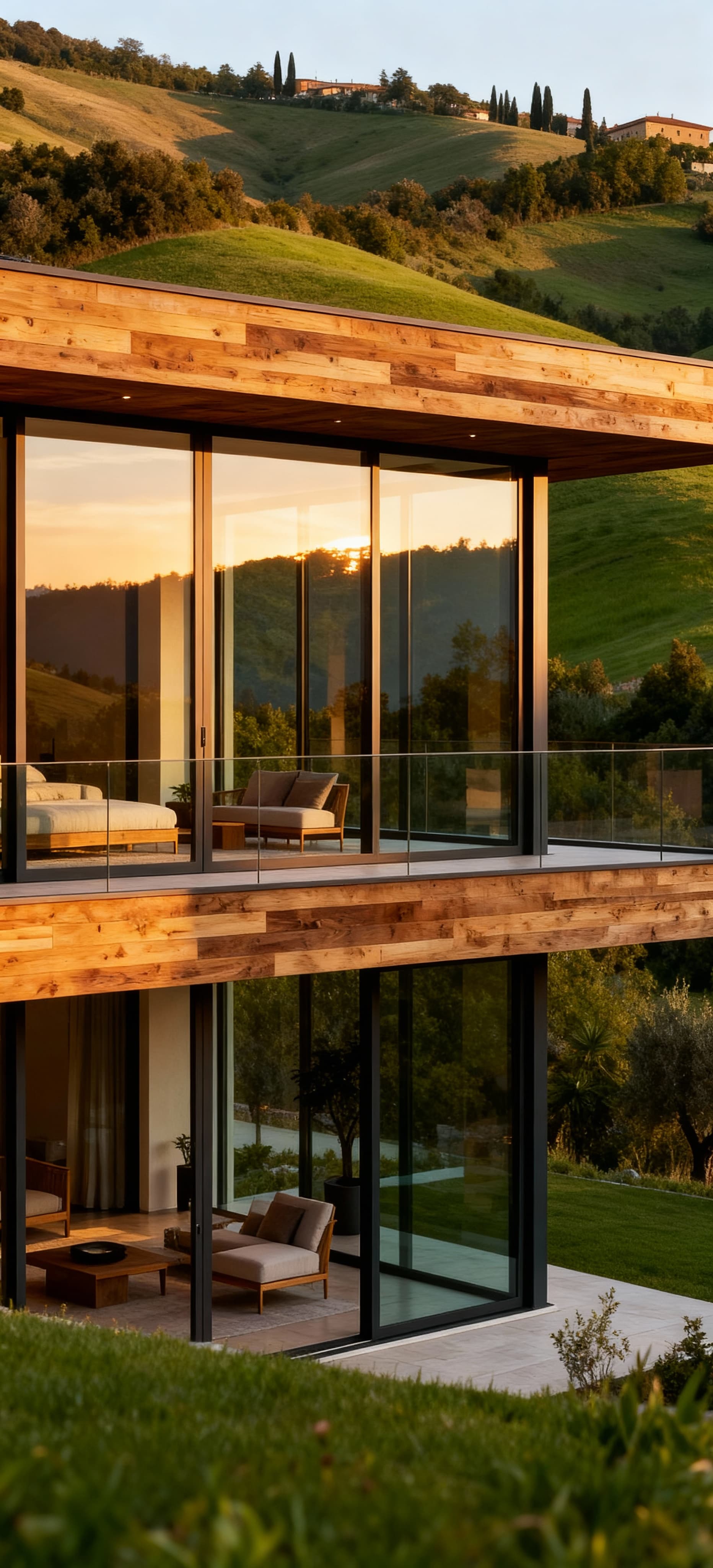 Villa moderna in vendita a Forlì-Cesena, immersa nel verde, con ampie vetrate e dettagli architettonici in legno e vetro.