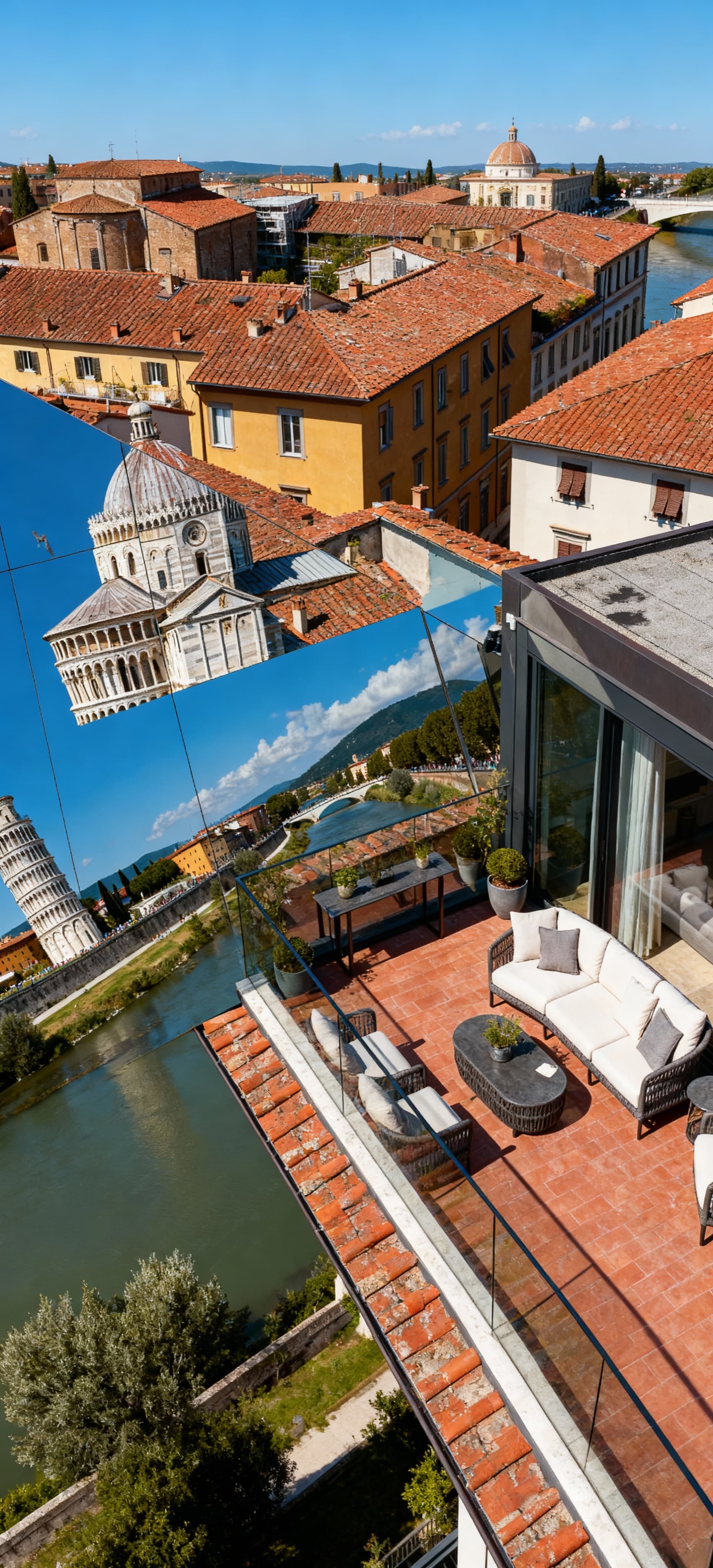 Attico panoramicoin vendita a Pisa con vista sulla Torre Pendente e fiume Arno, terrazzo arredato e tetti rossi circostanti.