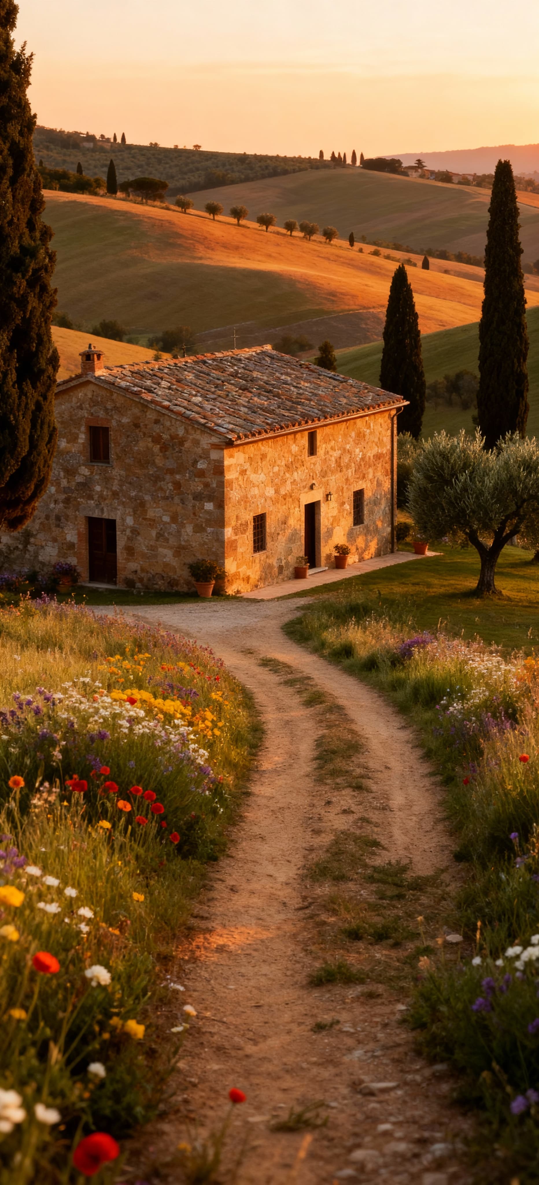 Casale in vendita nella Val d'Orcia, circondato da colline, uliveti e cipressi, sotto la luce calda del tardo pomeriggio.