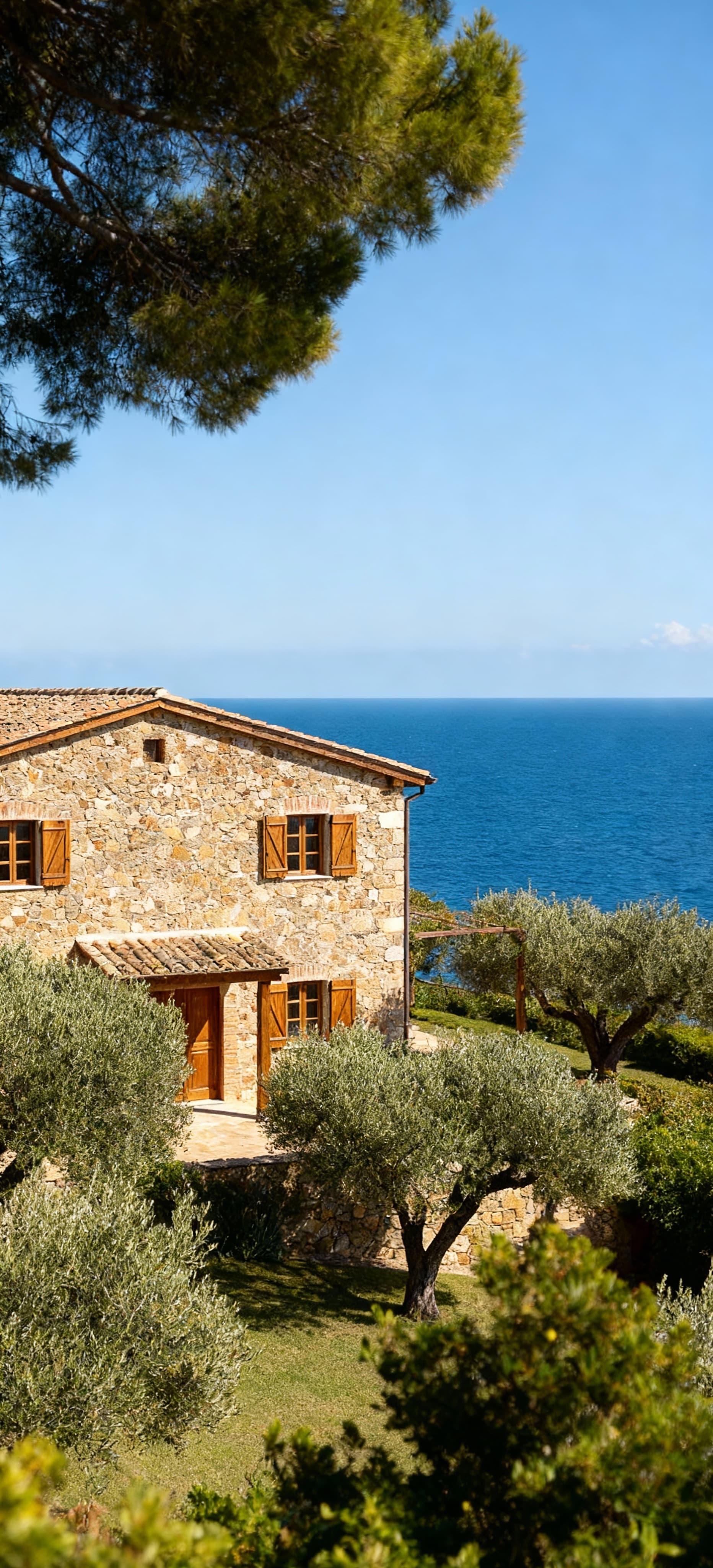 Rustico in vendita all'Argentario, architettura in pietra e legno circondato da uliveti e mare blu, panorama idilliaco.