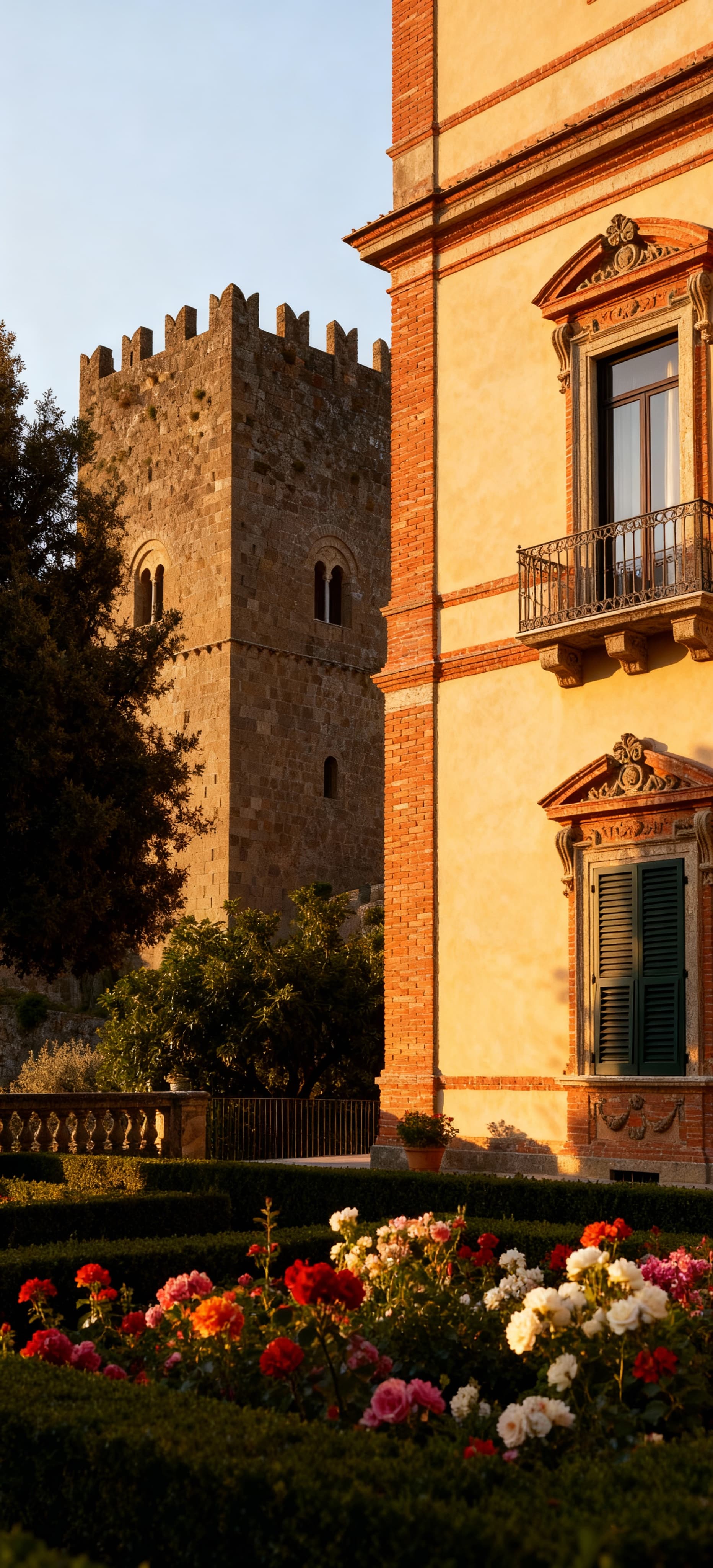 Scorcio di un appartamento a Viterbo con giardino all'italiana, circondato da mura storiche e luce del mattino.