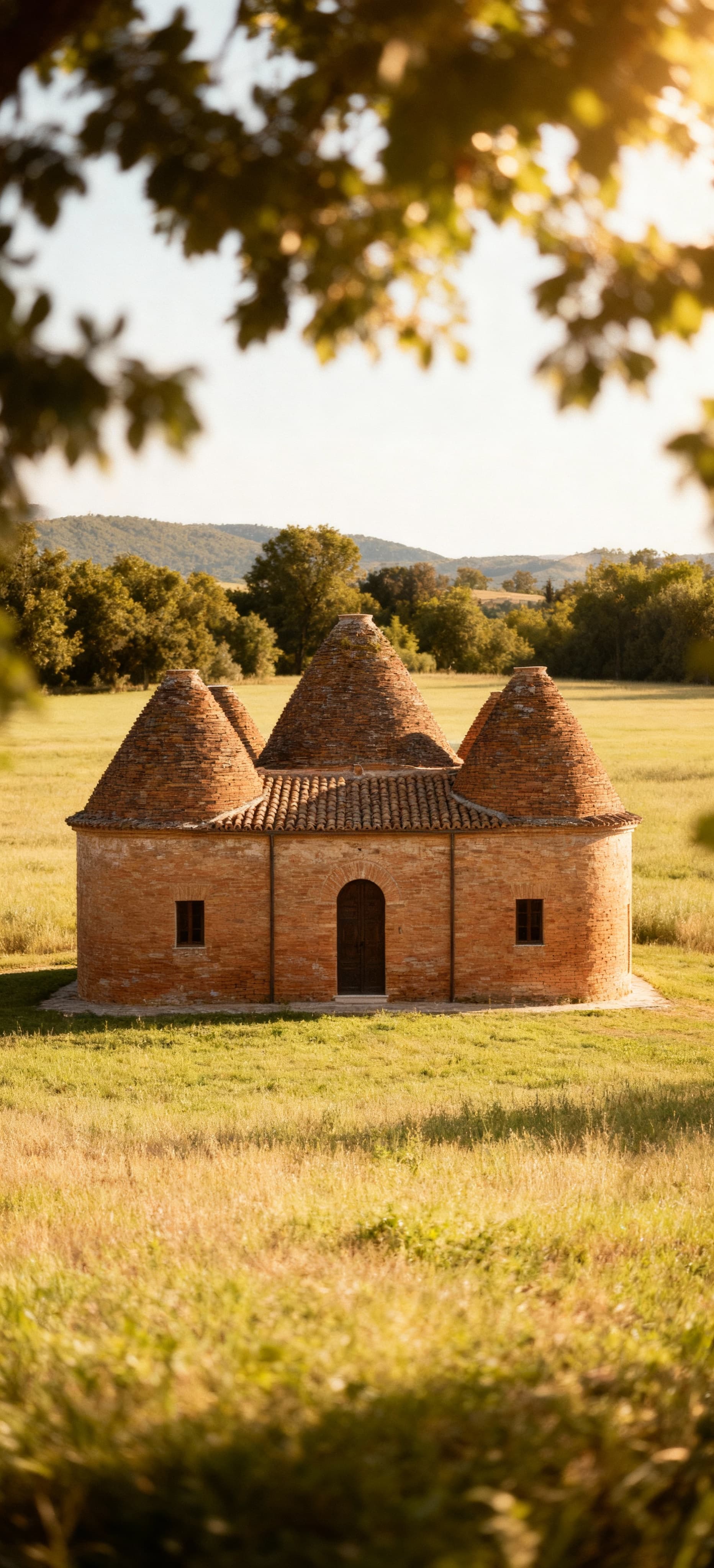 Casale in provincia di Forlì-Cesena con pareti in cotto, tetto in coppi, immerso nel verde di un paesaggio rurale.