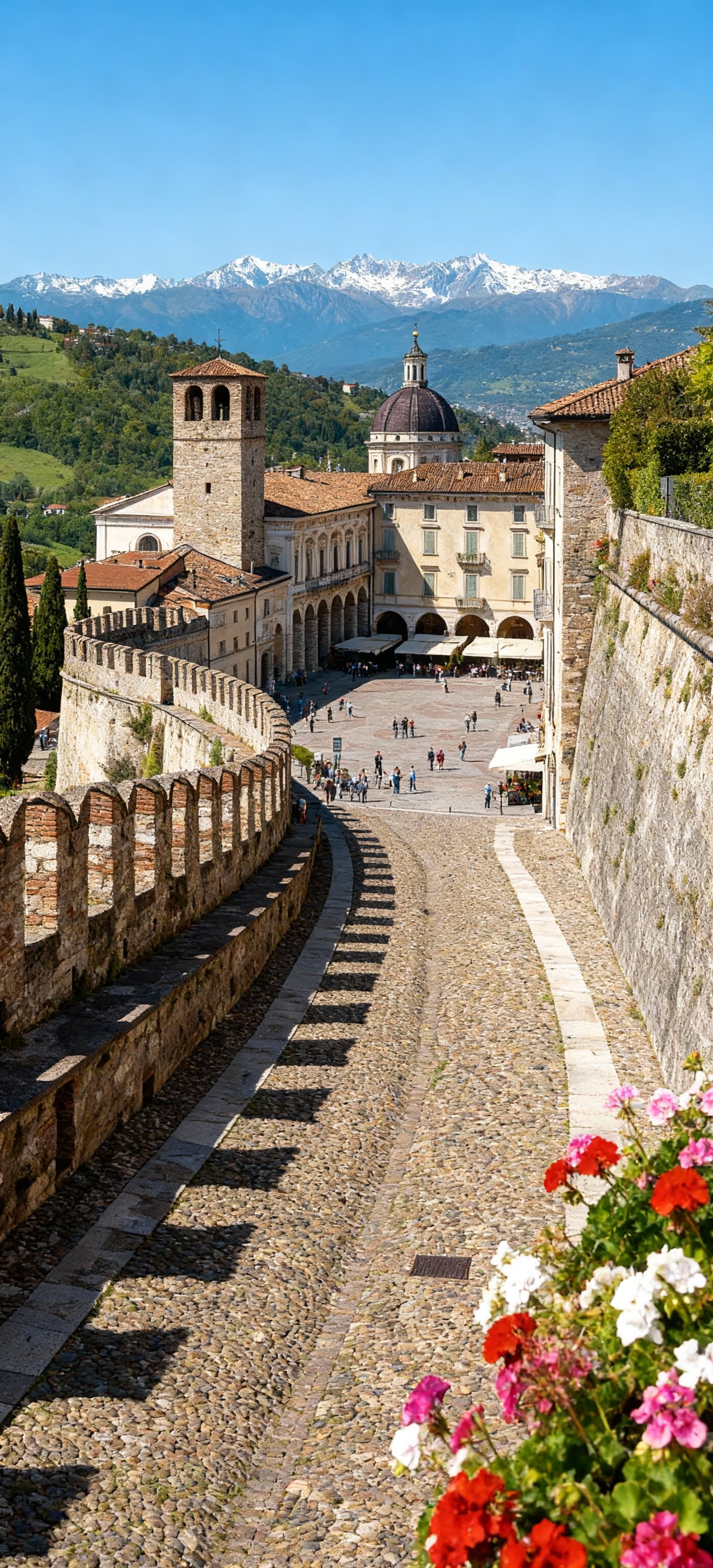 City properties for sale in Bergamo province, showcasing historical architecture and stunning views of the Prealps.