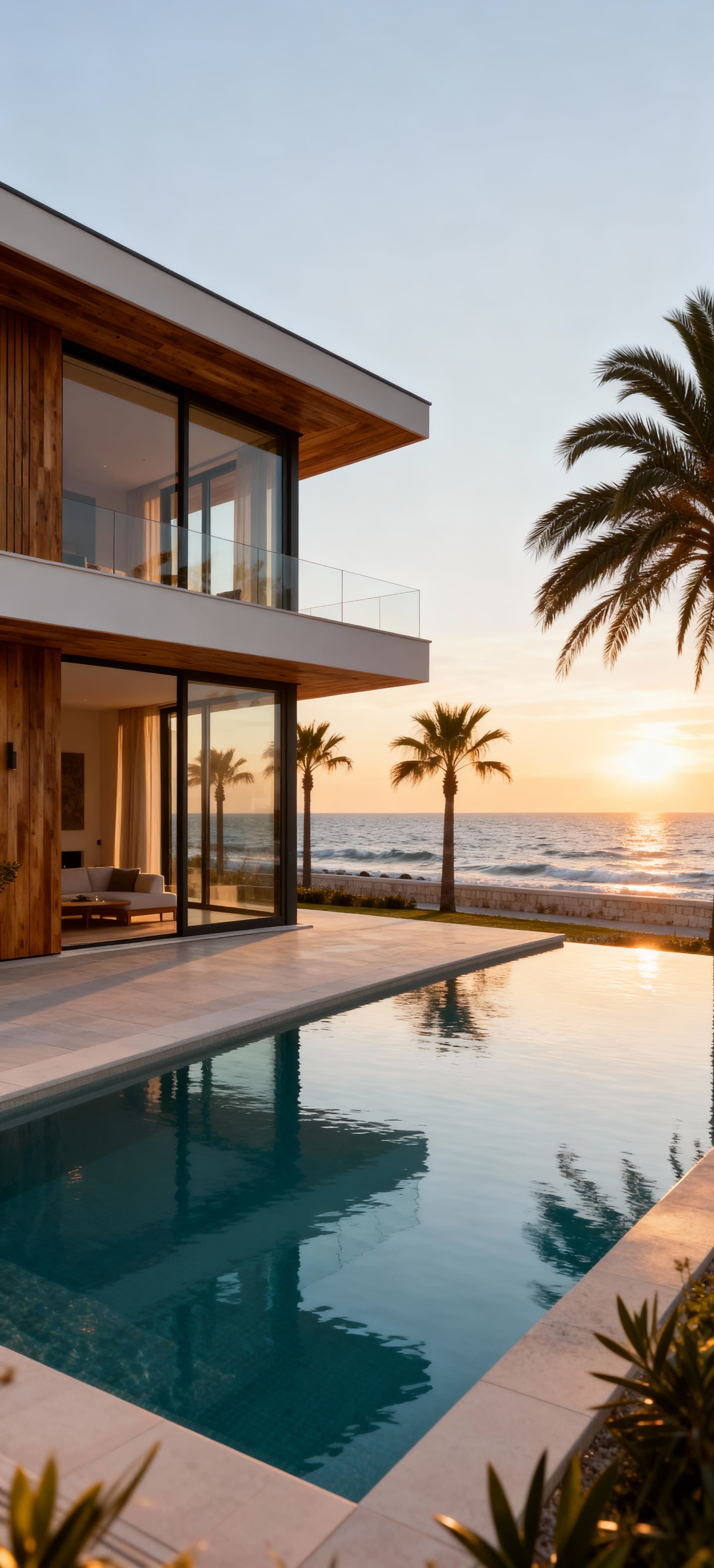 Villa moderna in provincia di Bari con vista sul Mar Adriatico, circondata da palme e luce dorata del pomeriggio.