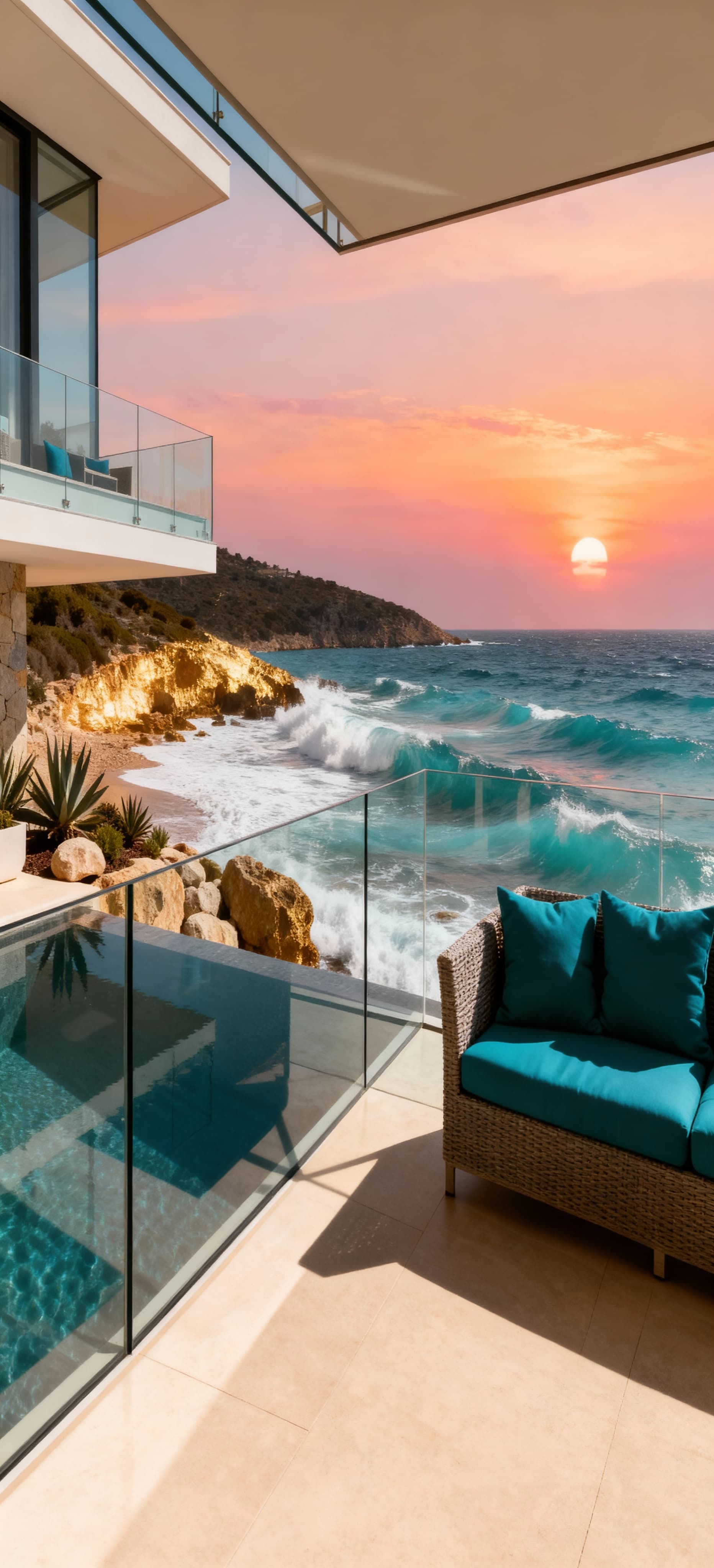 Villa in vendita in Campagna, vista mare con terrazze panoramiche e riflessi caldi del tramonto su spazi esterni accoglienti.