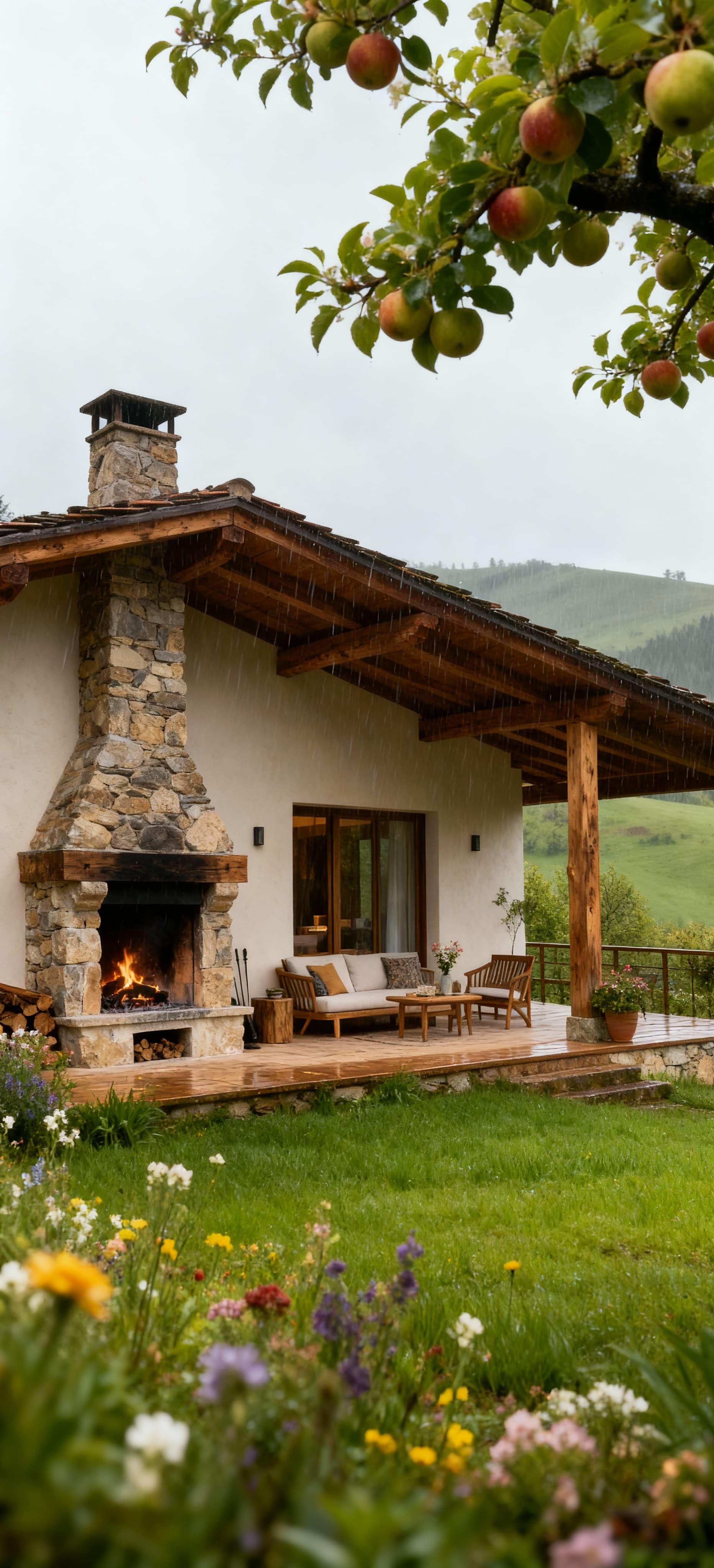 Casa di campagna in intonaco chiaro, circondata da colline verdi e fiori selvatici, sotto una leggera pioggia primaverile.