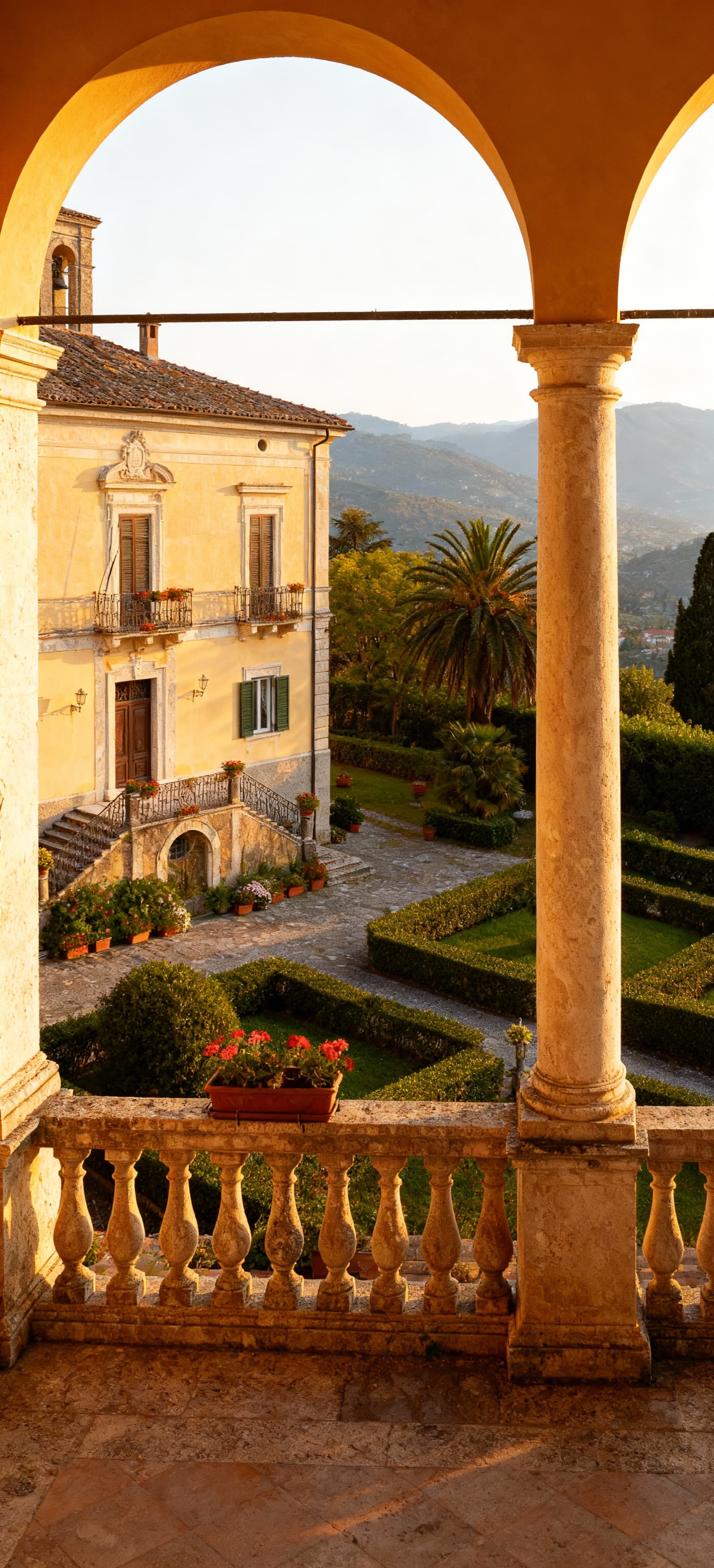 Villa in vendita a Cosenza, con giardini curati e architettura locale, illuminate dalla luce del mattino in un'atmosfera vivace.