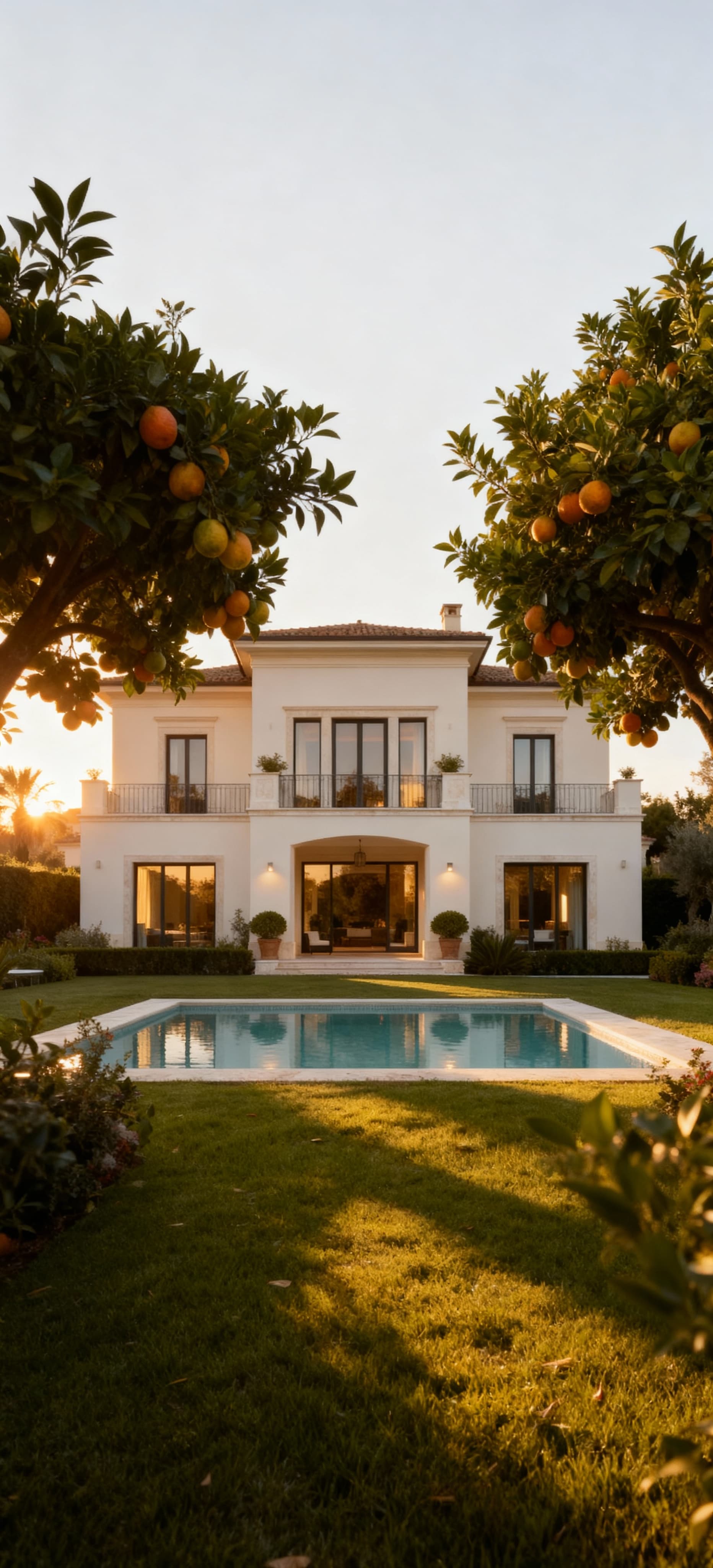 Elegante villa in vendita a Latina, circondata da alberi da frutto, con giardino e piscina, in stile architettonico raffinato.
