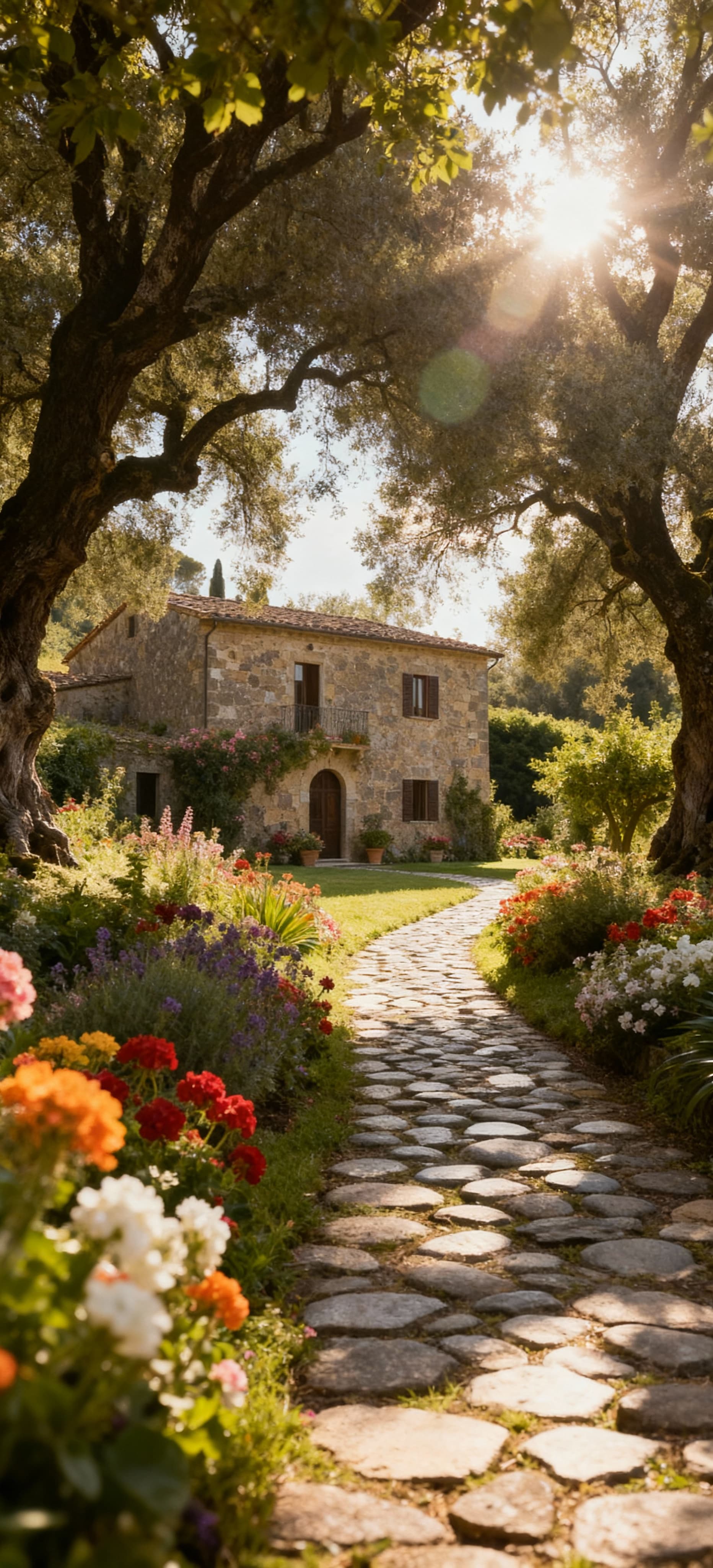 Ville in vendita a Genova: casale in pietra circondato da alberi secolari e fiori, in un giardino storico incantevole.