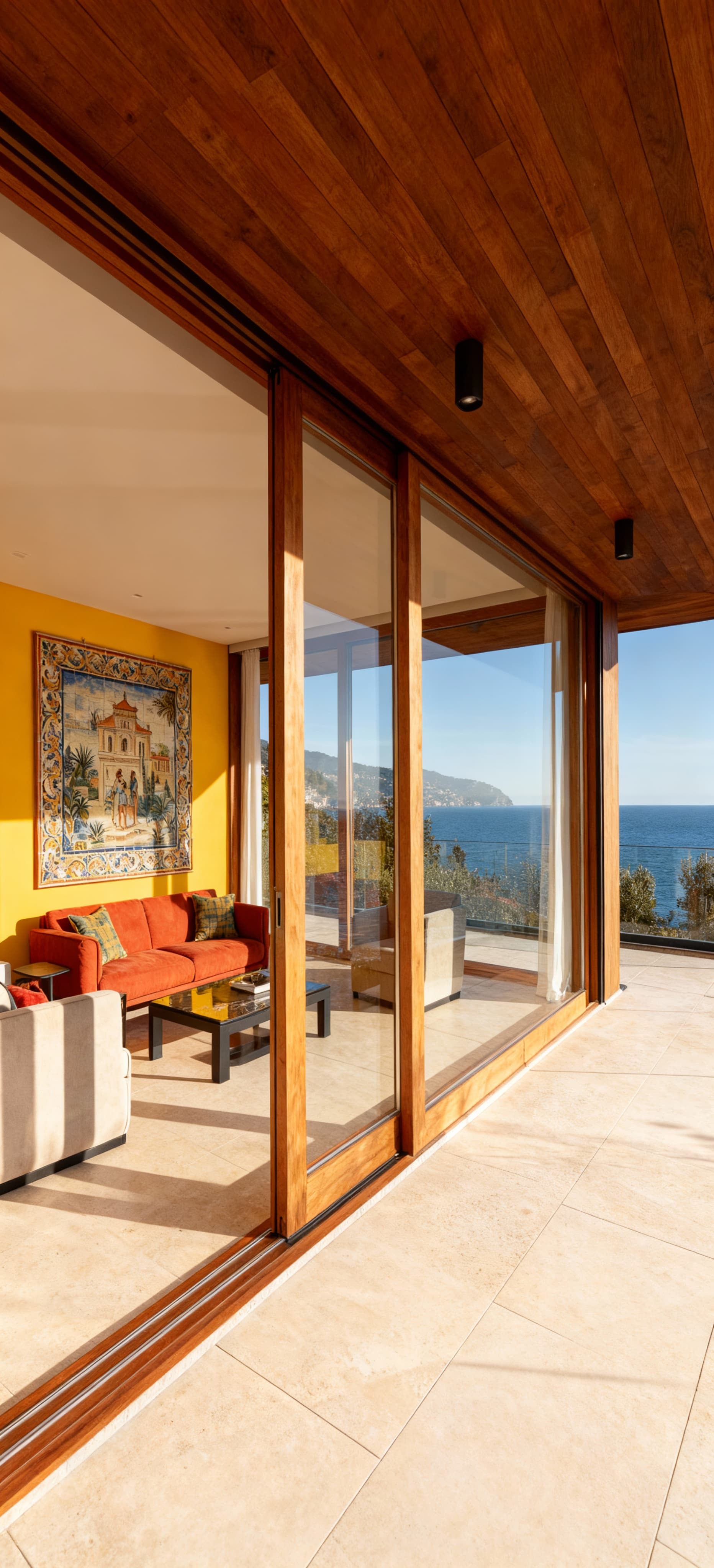 Elegante appartamento in vendita a Imperia, dettagli architettonici, vista mare, stile moderno con legno e vetro.