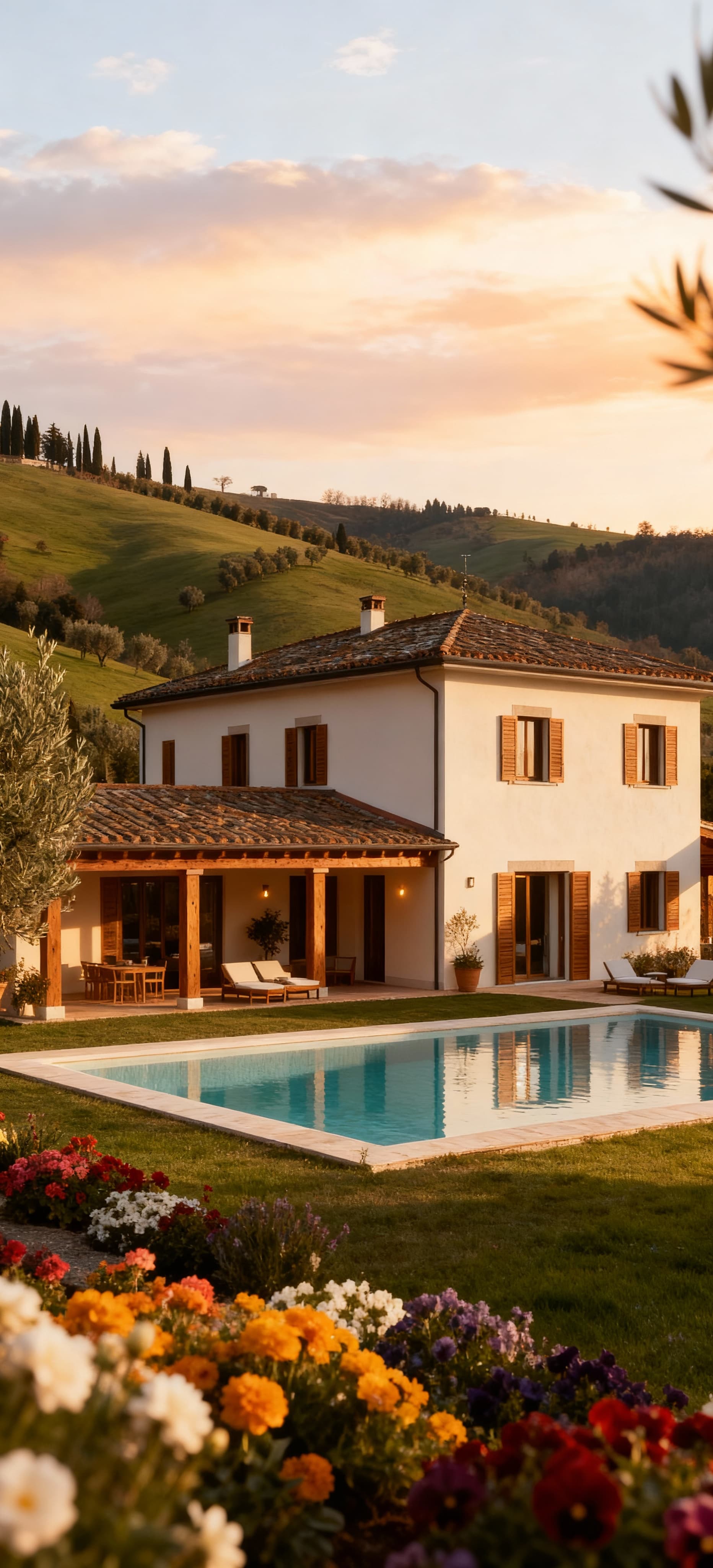 Villa elegante con piscina circondata da colline verdi e uliveti, giardino fiorito, atmosfera calda in Liguria.