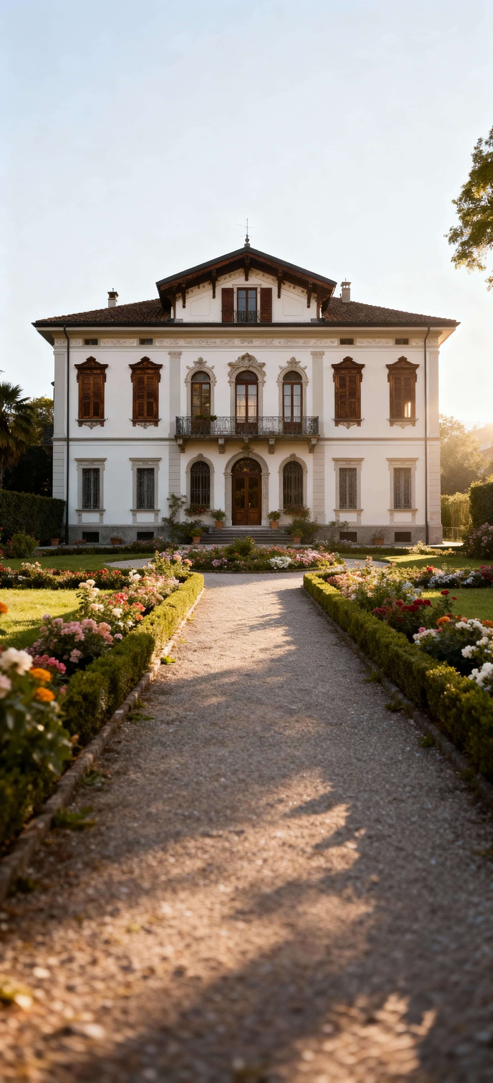Villa storica a Biella, facciata elegante in intonaco chiaro circondata da un giardino fiorito e bene curato.