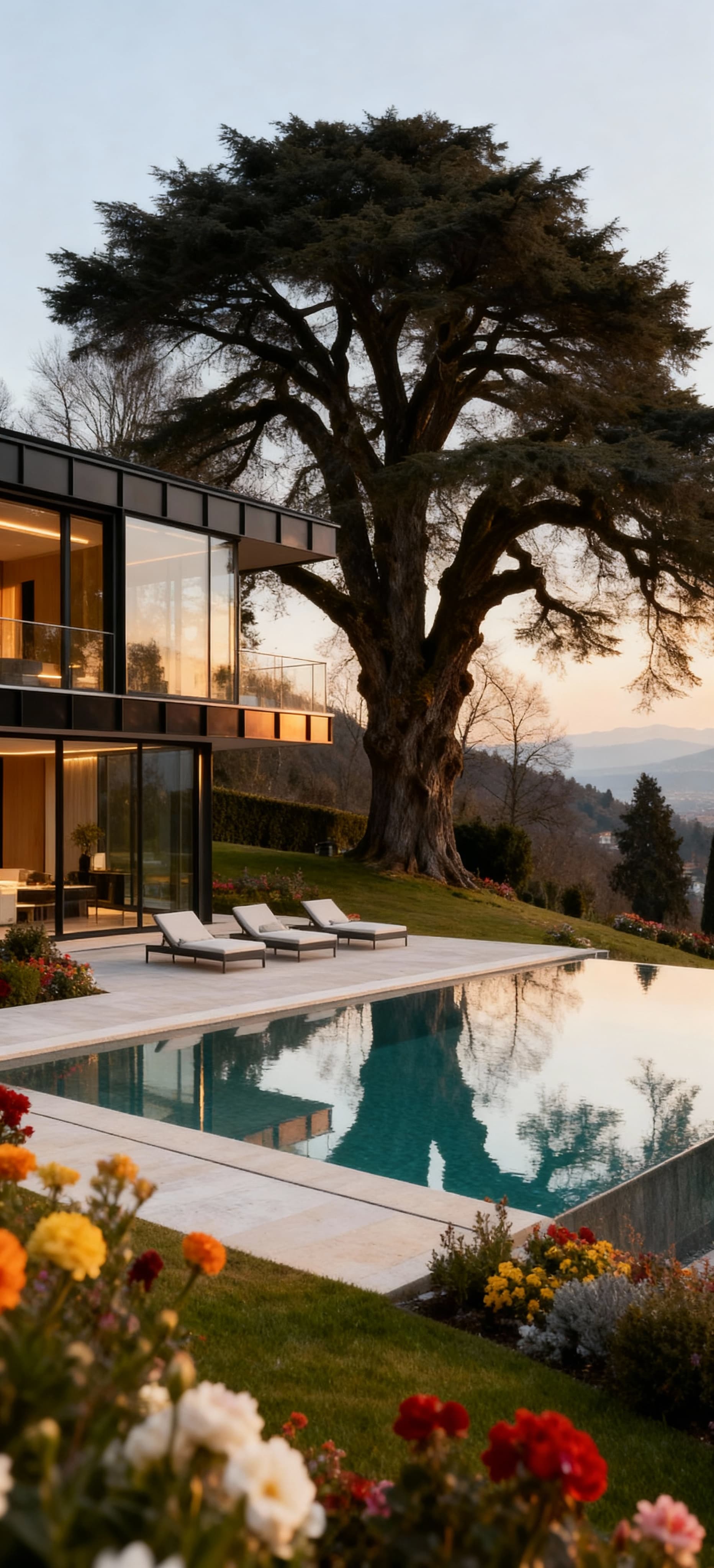 Villa moderna in collina a Torino con piscina a sfioro, circondata da giardini fioriti e alberi secolari, luce invernale.