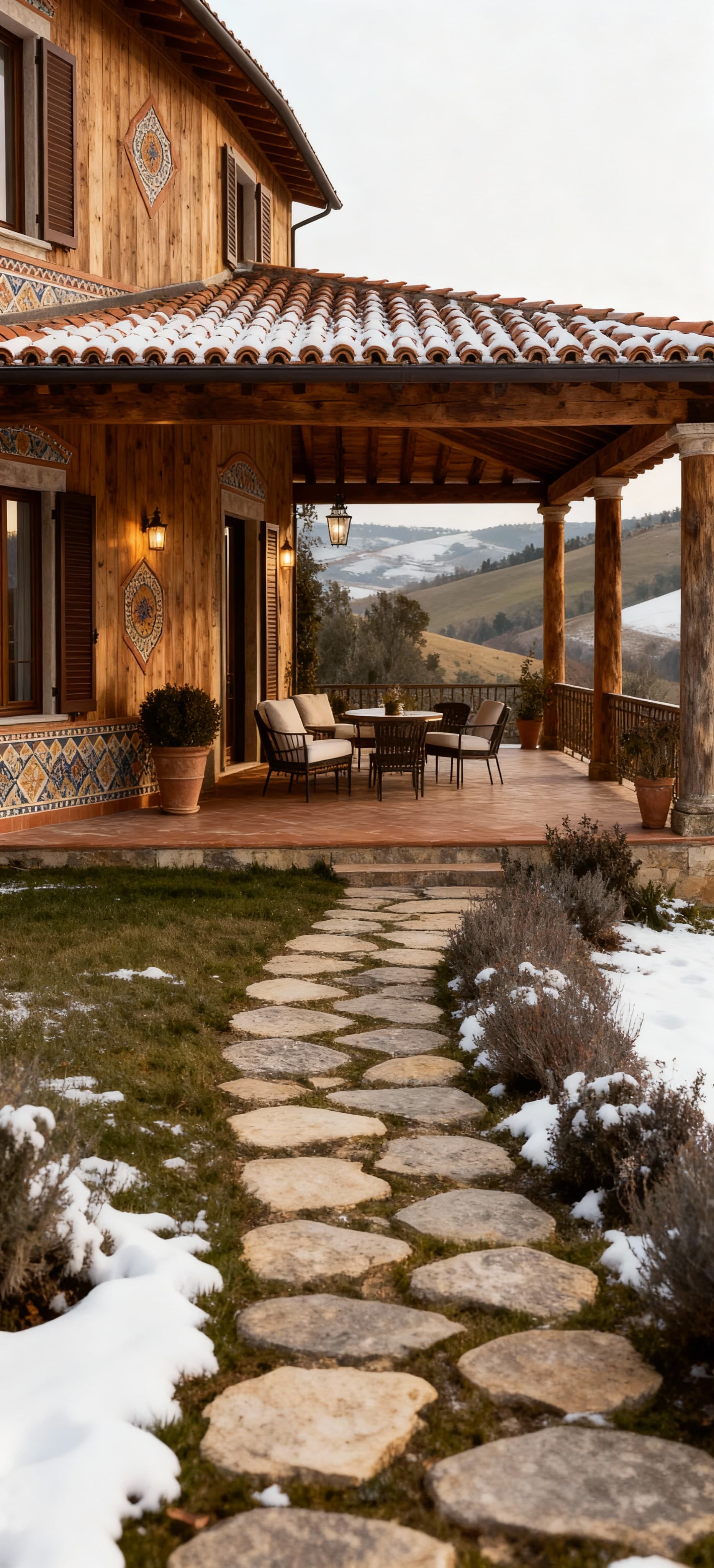 Rustico elegante in legno naturale nel Chianti, circondato da dolci colline toscane e luce invernale soft.