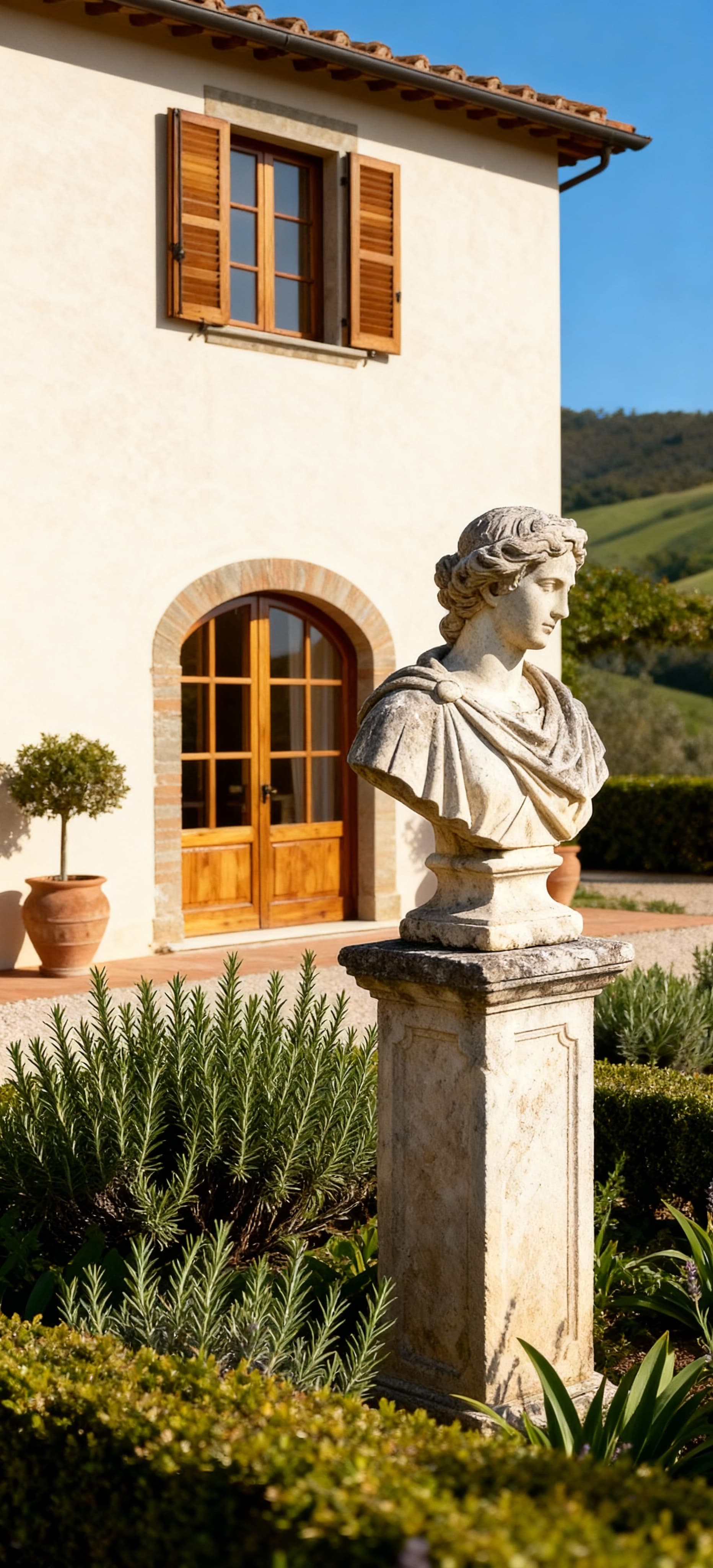 Elegante casale toscano nel Chianti con giardino curato, statue di pietra e dolci colline sullo sfondo.