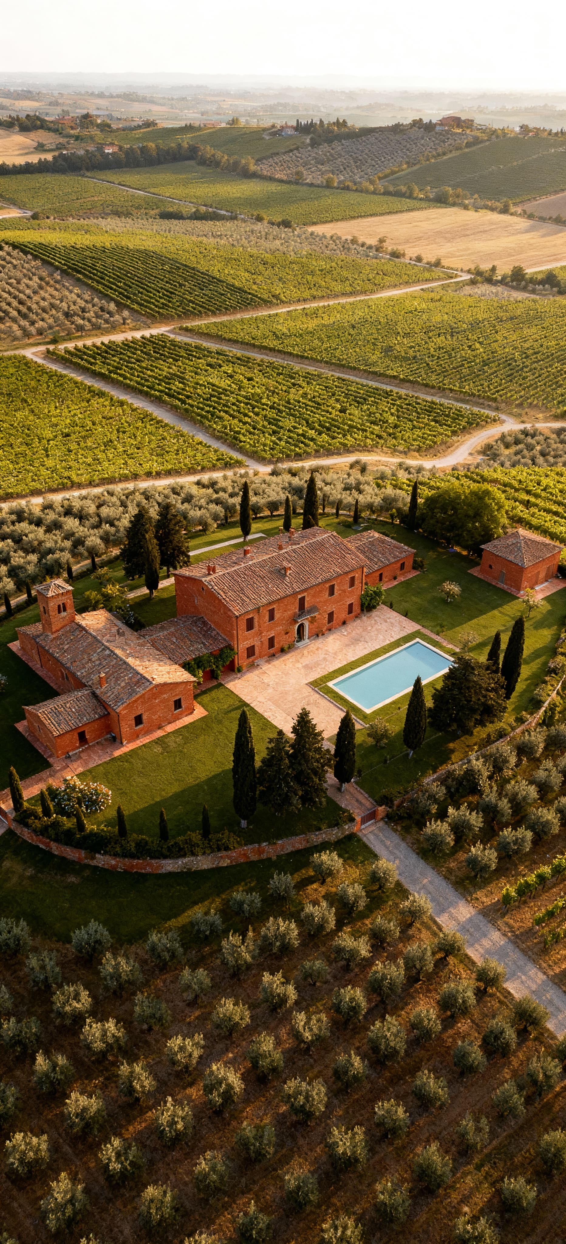 Vista aerea di un'azienda agricola toscana con uliveti e vigneti, strutture in mattoni rossi incastonate nel paesaggio.