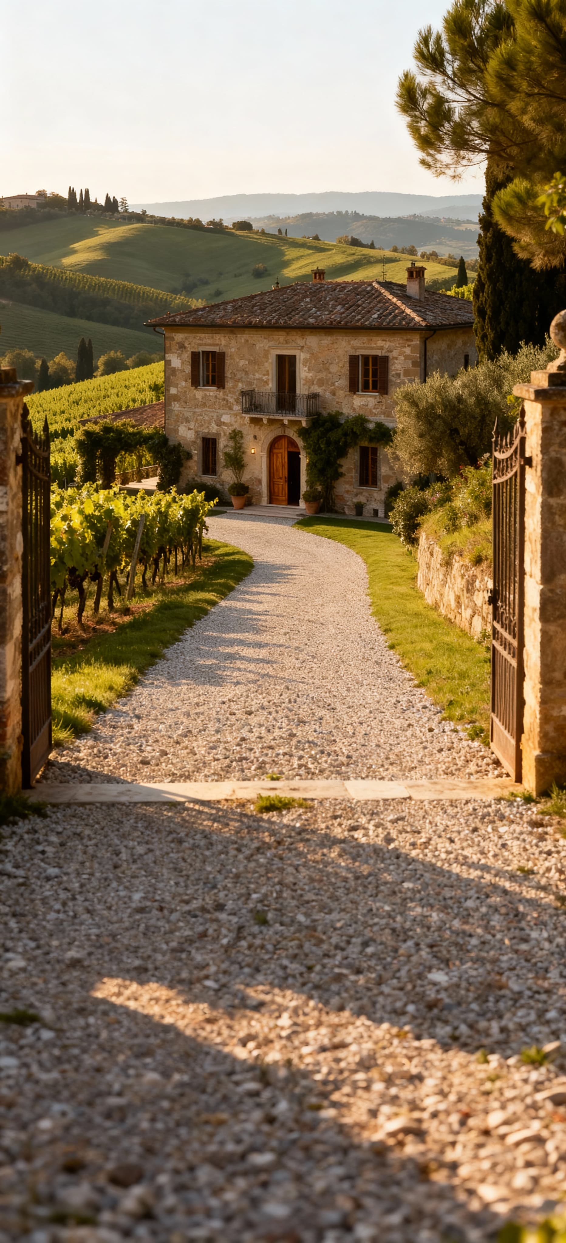 Rustico in vendita in Toscana, contornato da colline verdi e vigneti, con facciata in pietra e legno illuminata da un mattino sereno.