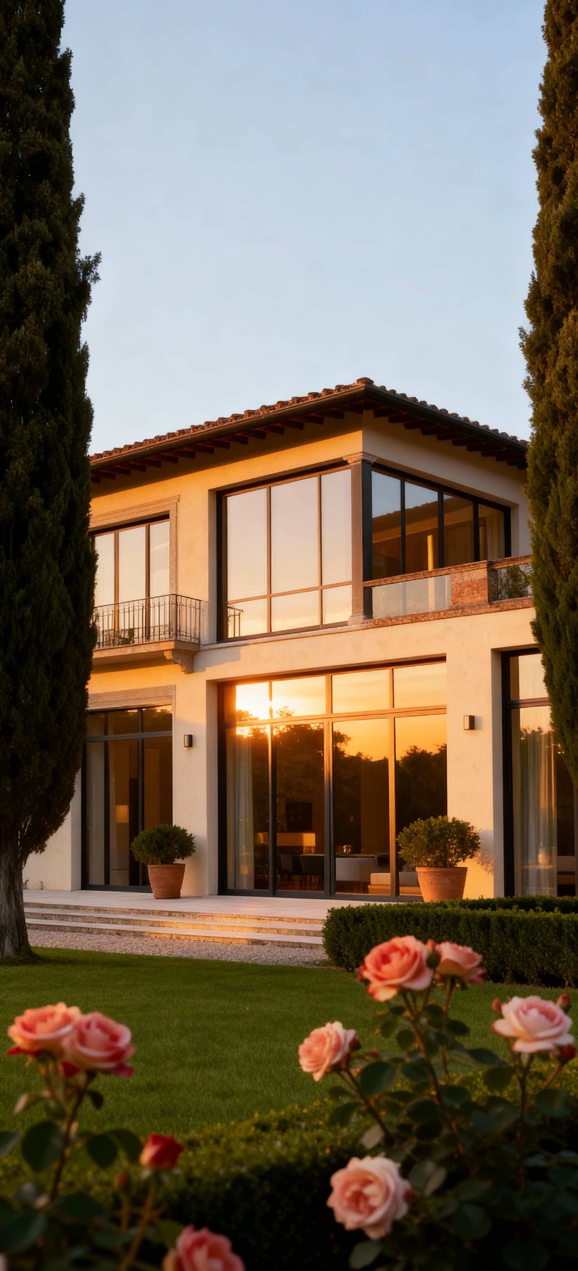 Villa di lusso a Firenze con ampie vetrate e giardino all'italiana, circondata da cipressi e roseti in atmosfera dorata.