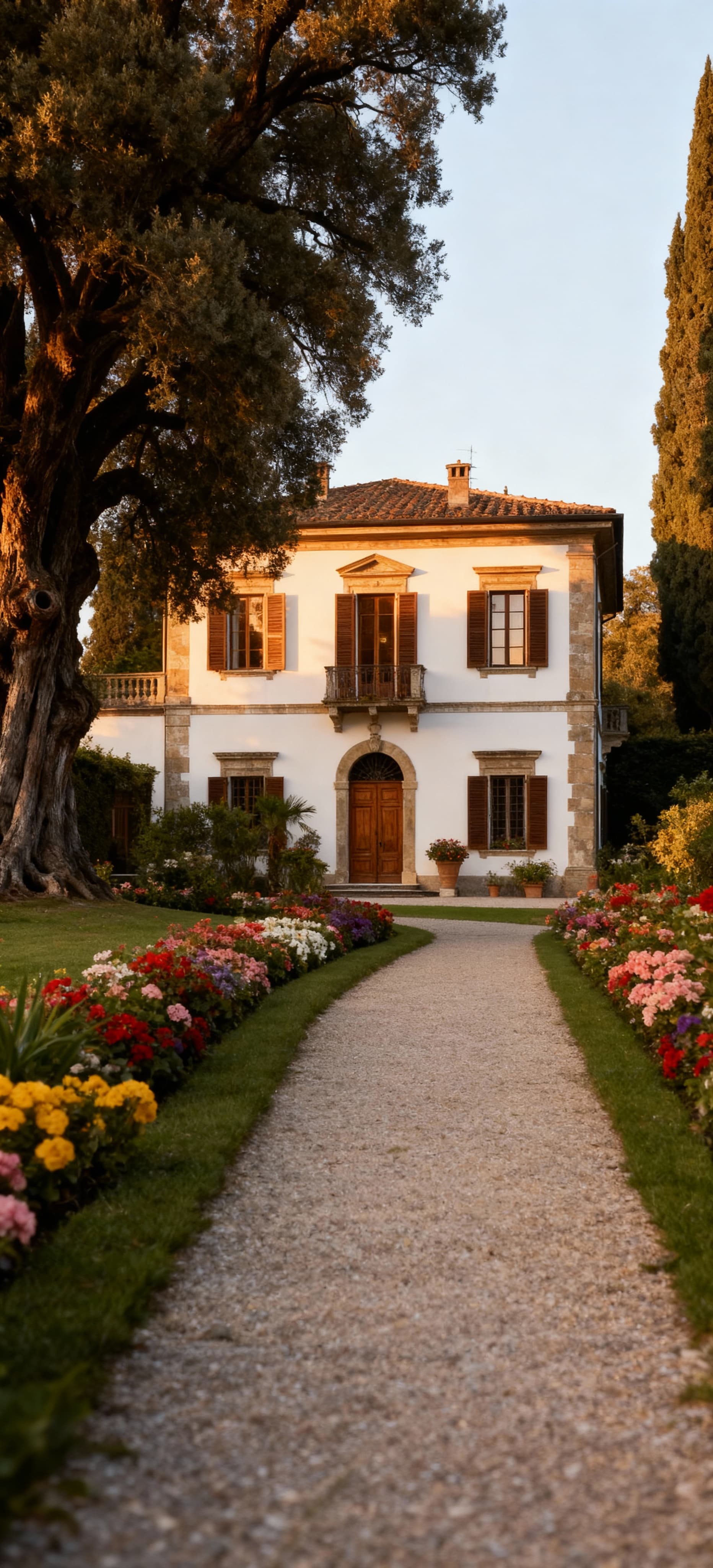 Villa storica a Lucca con giardini fioriti, alberi secolari e dettagli architettonici, illuminata dalla luce del tardo pomeriggio.