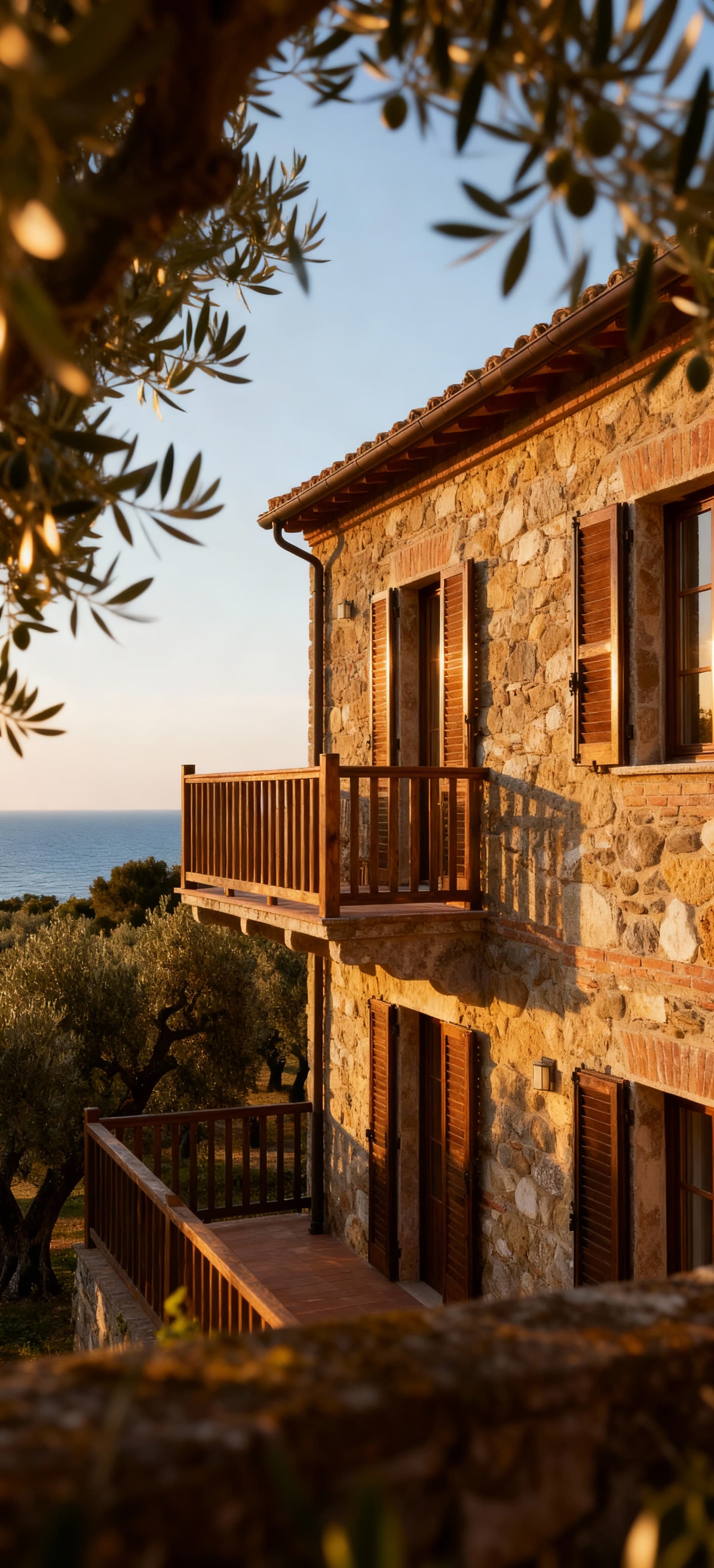 Agriturismo in vendita a Pisa, circondato da uliveti secolari e con vista mare, emerge in un paesaggio sereno e rustico.