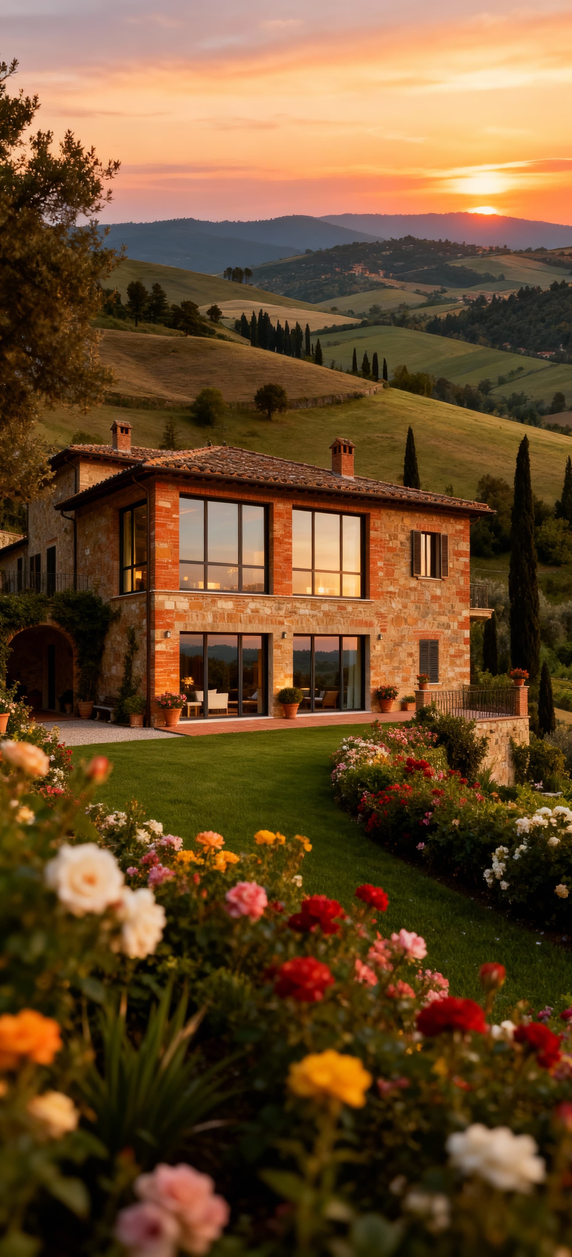 Villa elegante in vendita a Perugia, immersa nel verde, con giardini fioriti e vista panoramica sulle colline umbre.