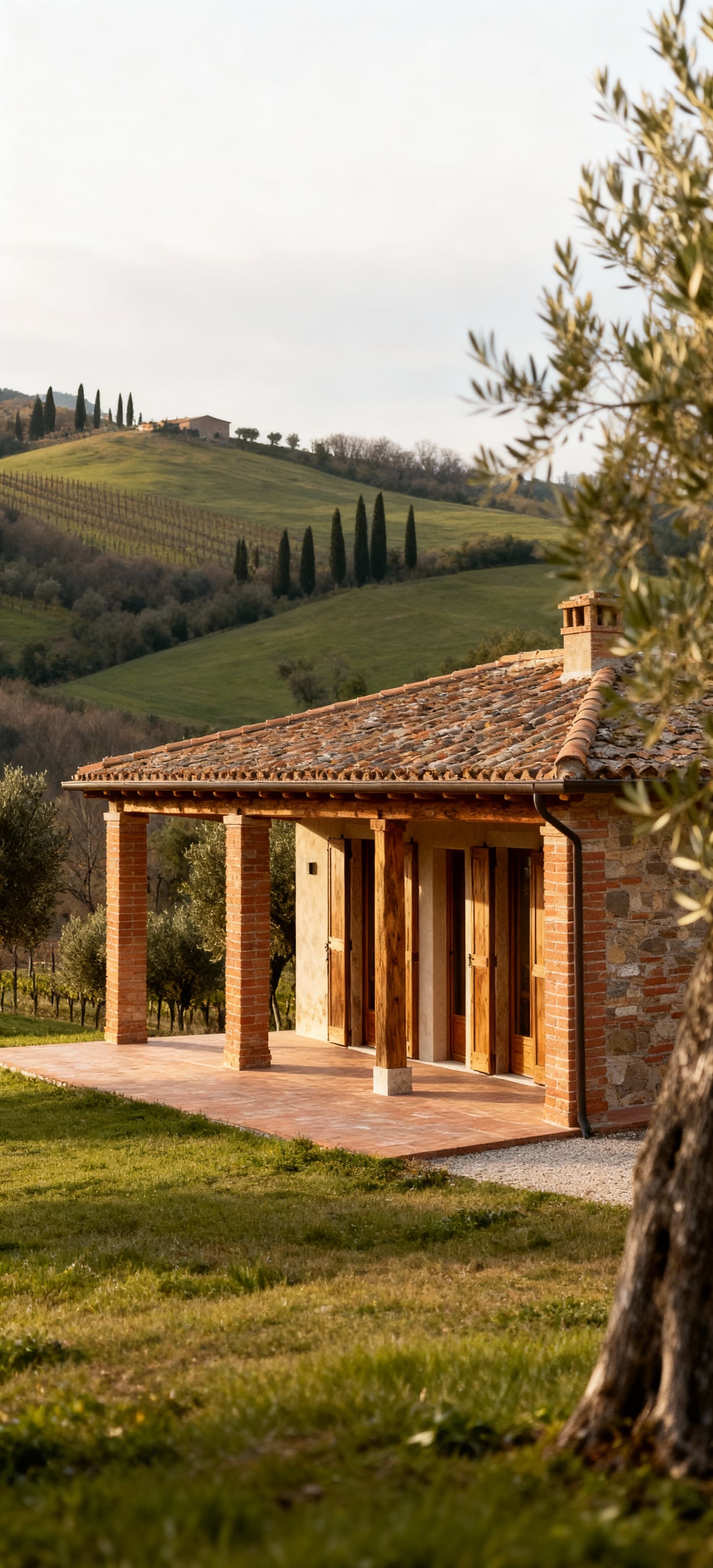 Rustico ristrutturato in Umbria, a Terni, circondato da ulivi e vigneti, con dettagli architettonici illuminati da luce invernale.