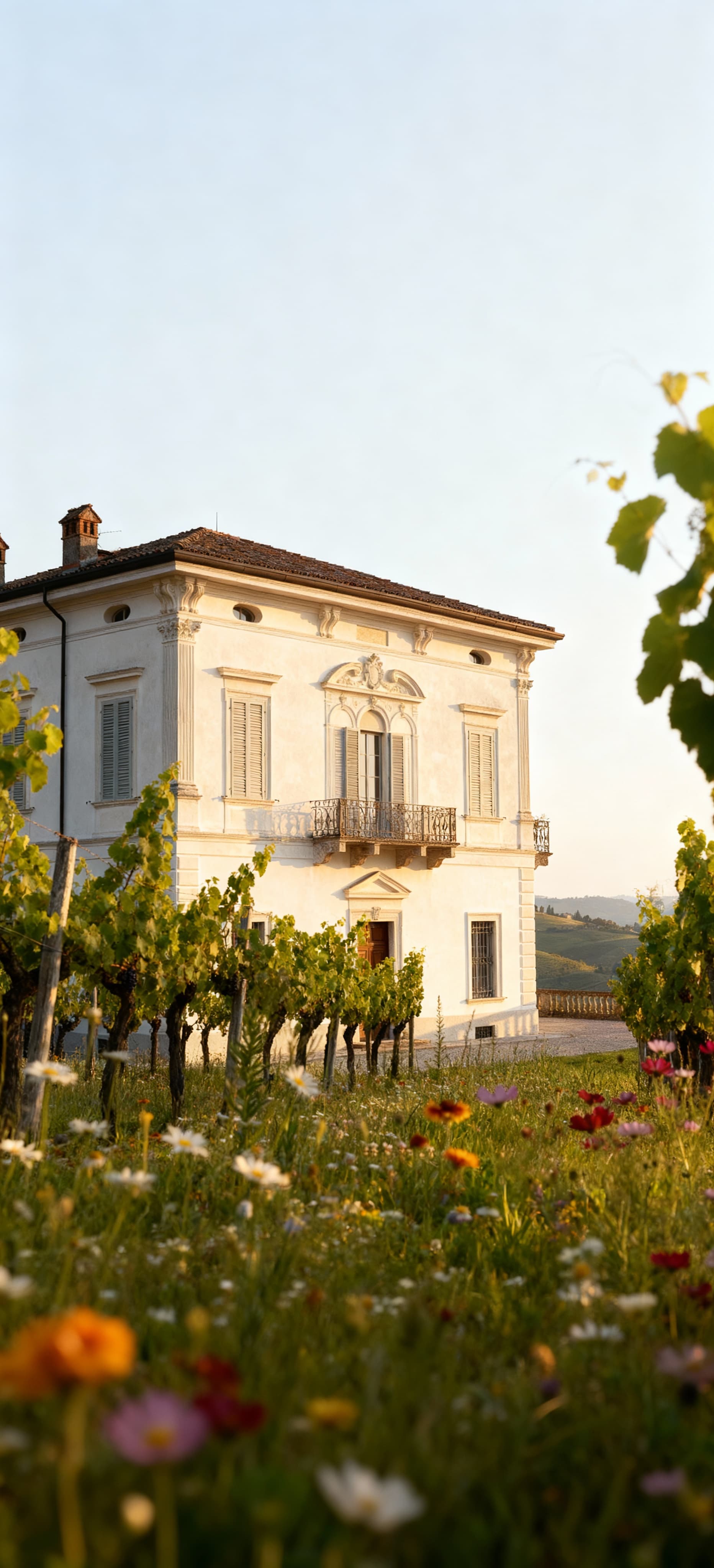 Scenic view of rolling hills in Piemonte, showcasing vineyards and historic farms for sale in the picturesque countryside.