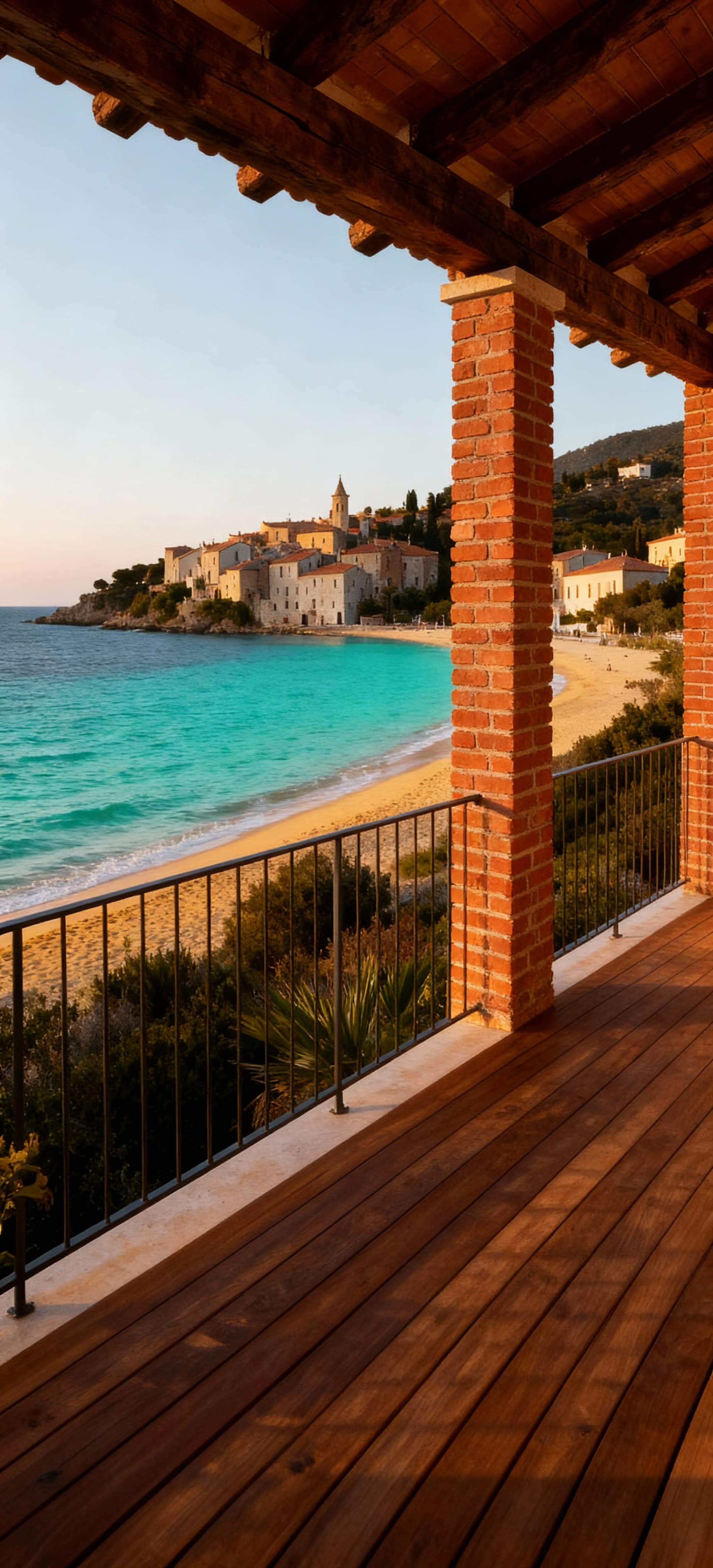 Appartamento elegante in Toscana con vista mare, terrazza in legno, interni moderni e dettagli tradizionali, circondato da spiagge e borghi.