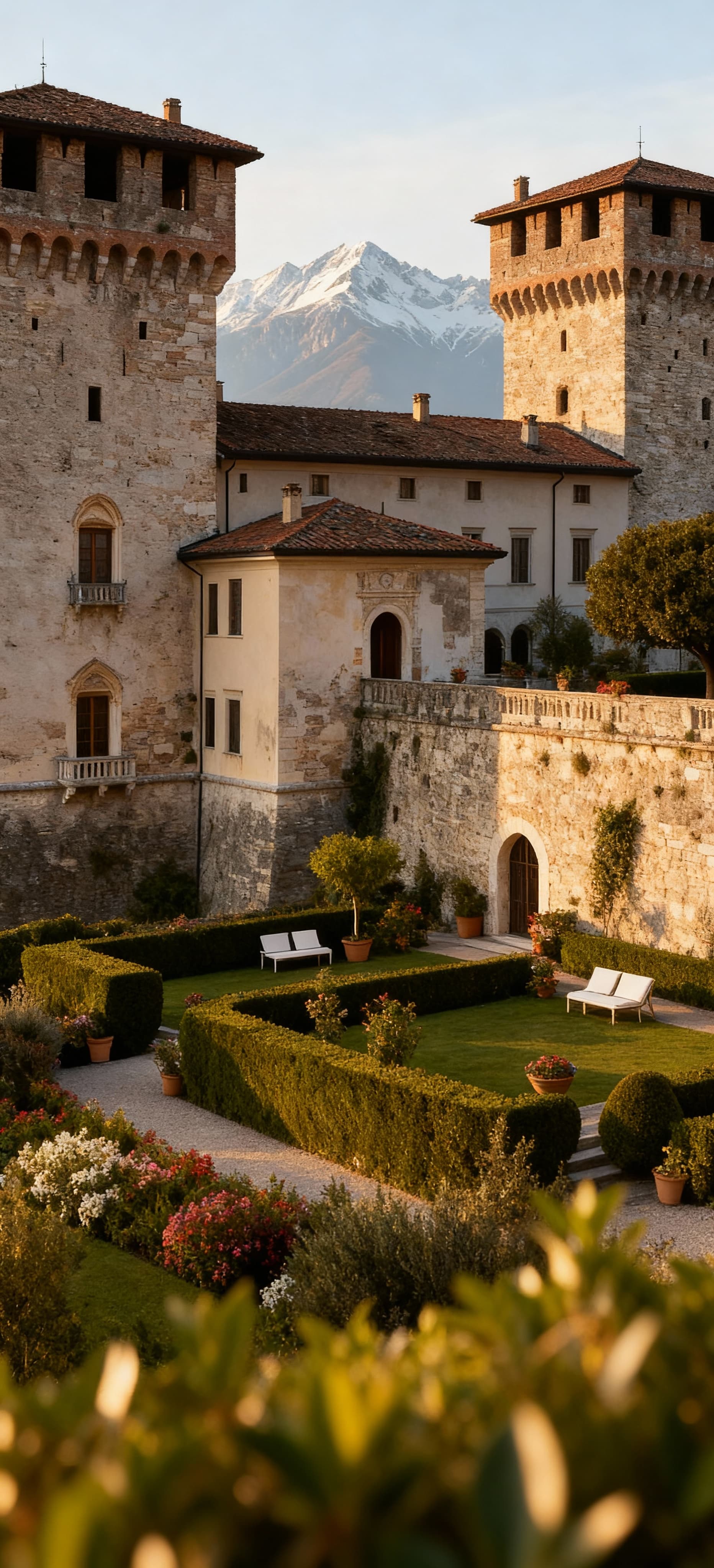 Castles for sale in Bergamo's historic Città Alta, surrounded by lush hills and stunning Alpine views, offering timeless beauty.