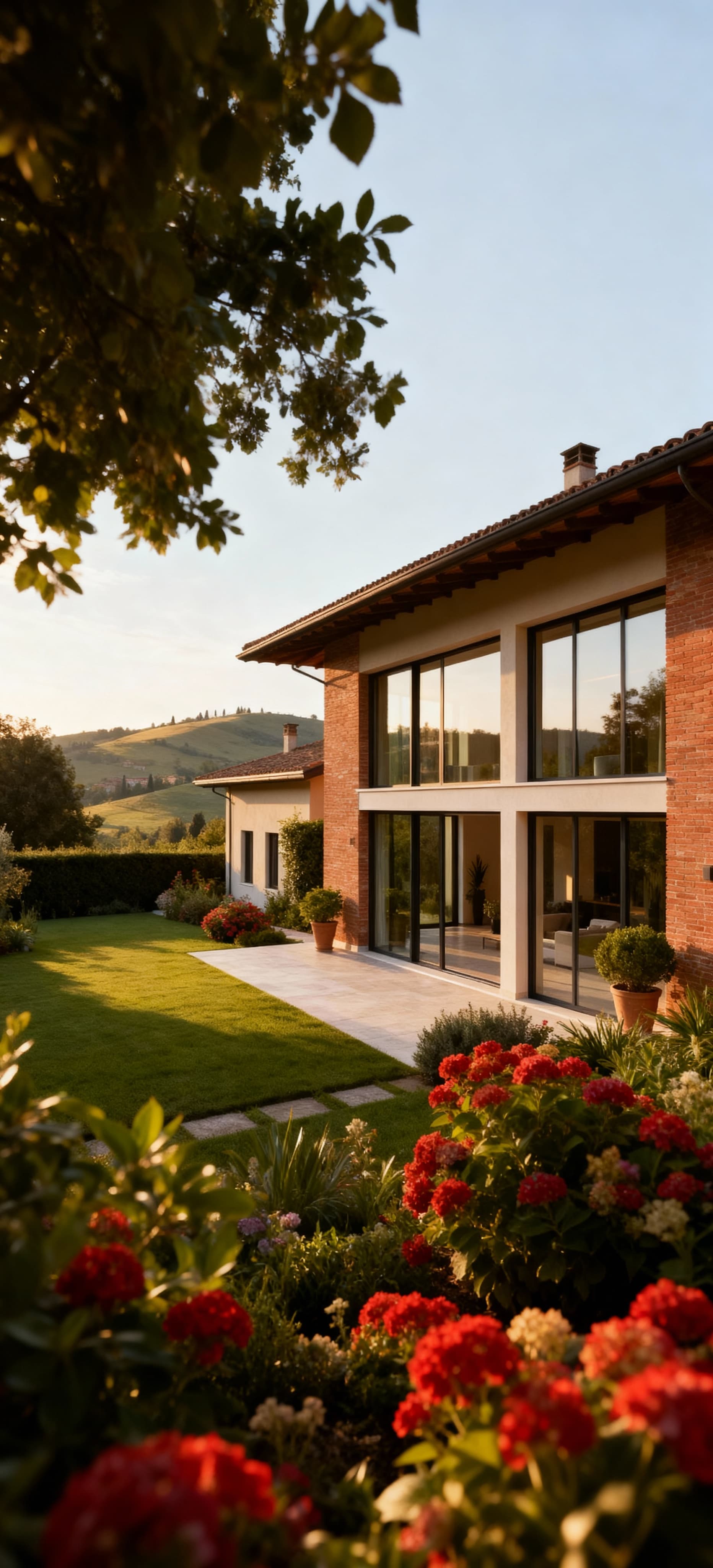 Villa lusso in vendita a Novara, immersa in un giardino con vista sulle colline, architettura moderna e tradizionale.