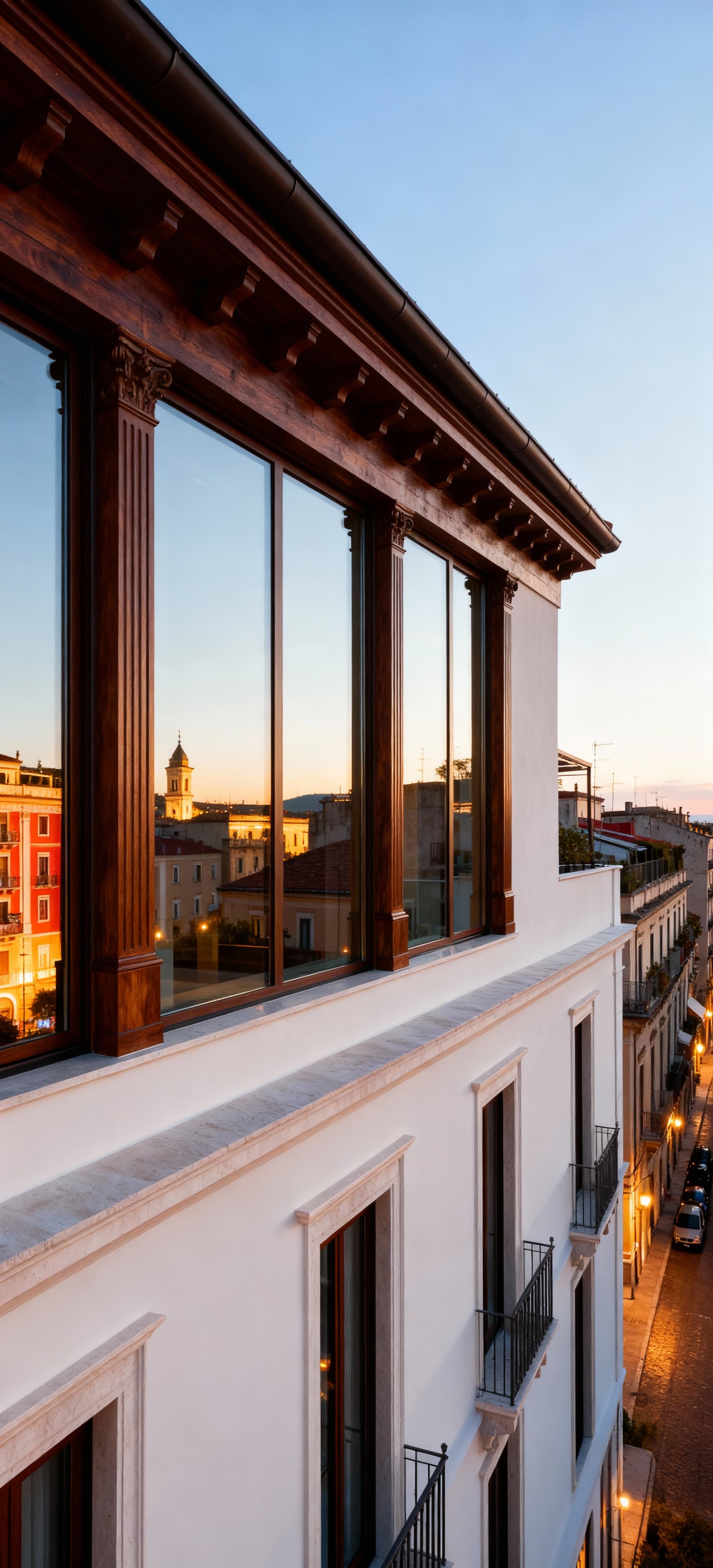 Elegante attico in vendita a Cosenza, con ampie finestre e dettagli in legno, immerso nella calda luce del tardo pomeriggio.