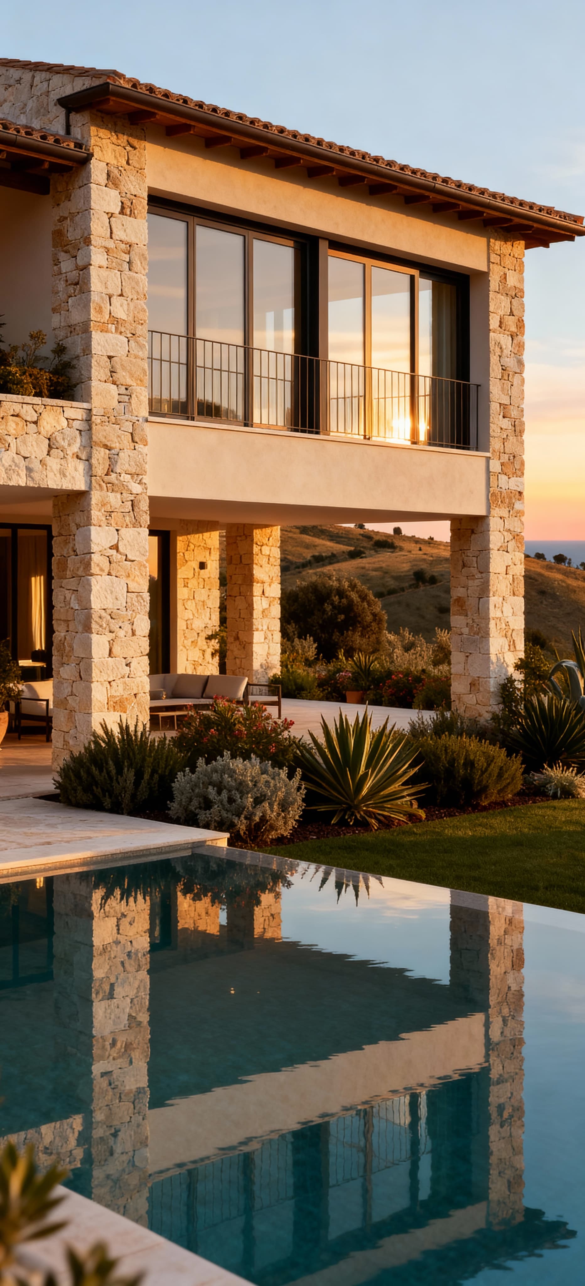 Elegante villa di lusso in Abruzzo con ampie vetrate, giardino mediterraneo e piscina, immersa nel paesaggio collinare.