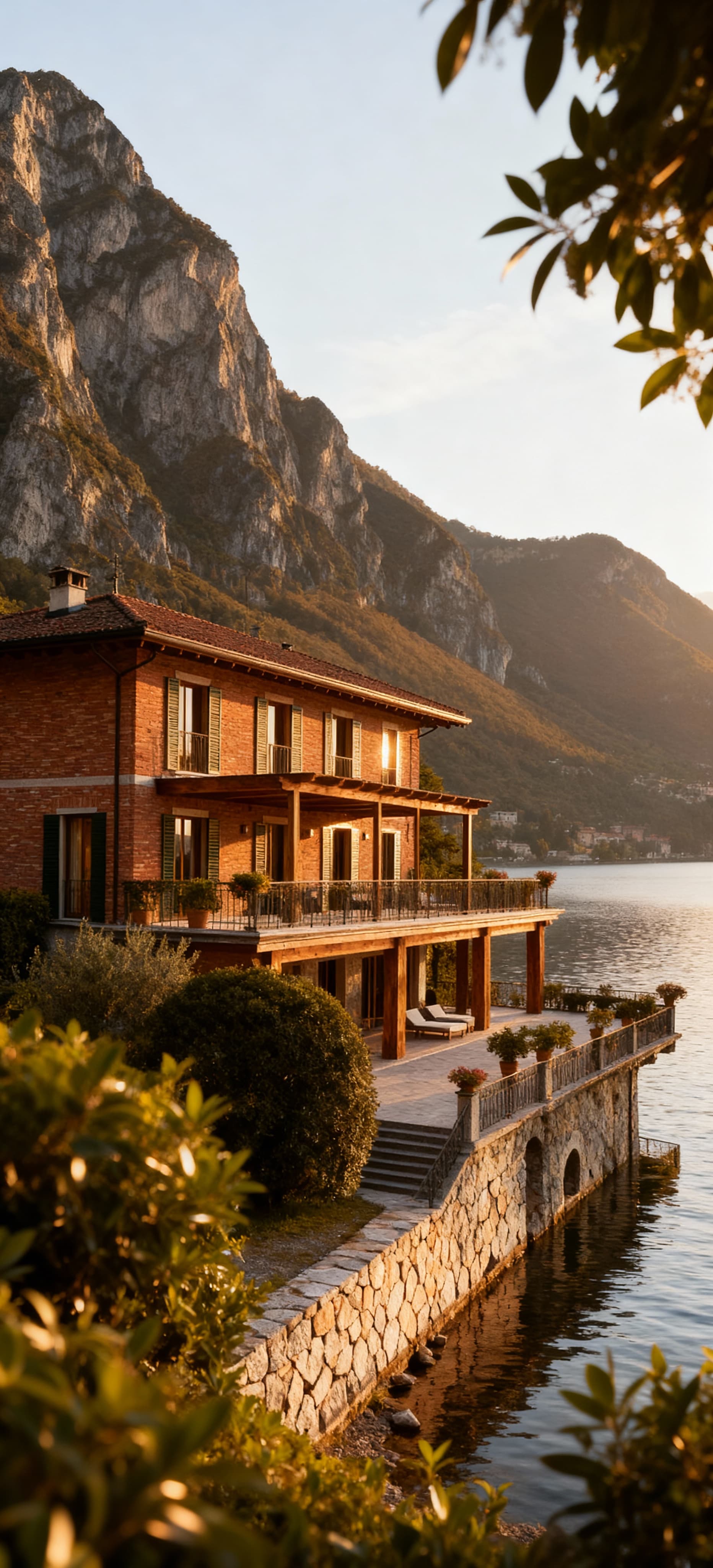 Elegante villa di lusso affacciata sul lago di Como a Lecco, circondata da maestose montagne e luce calda del pomeriggio.
